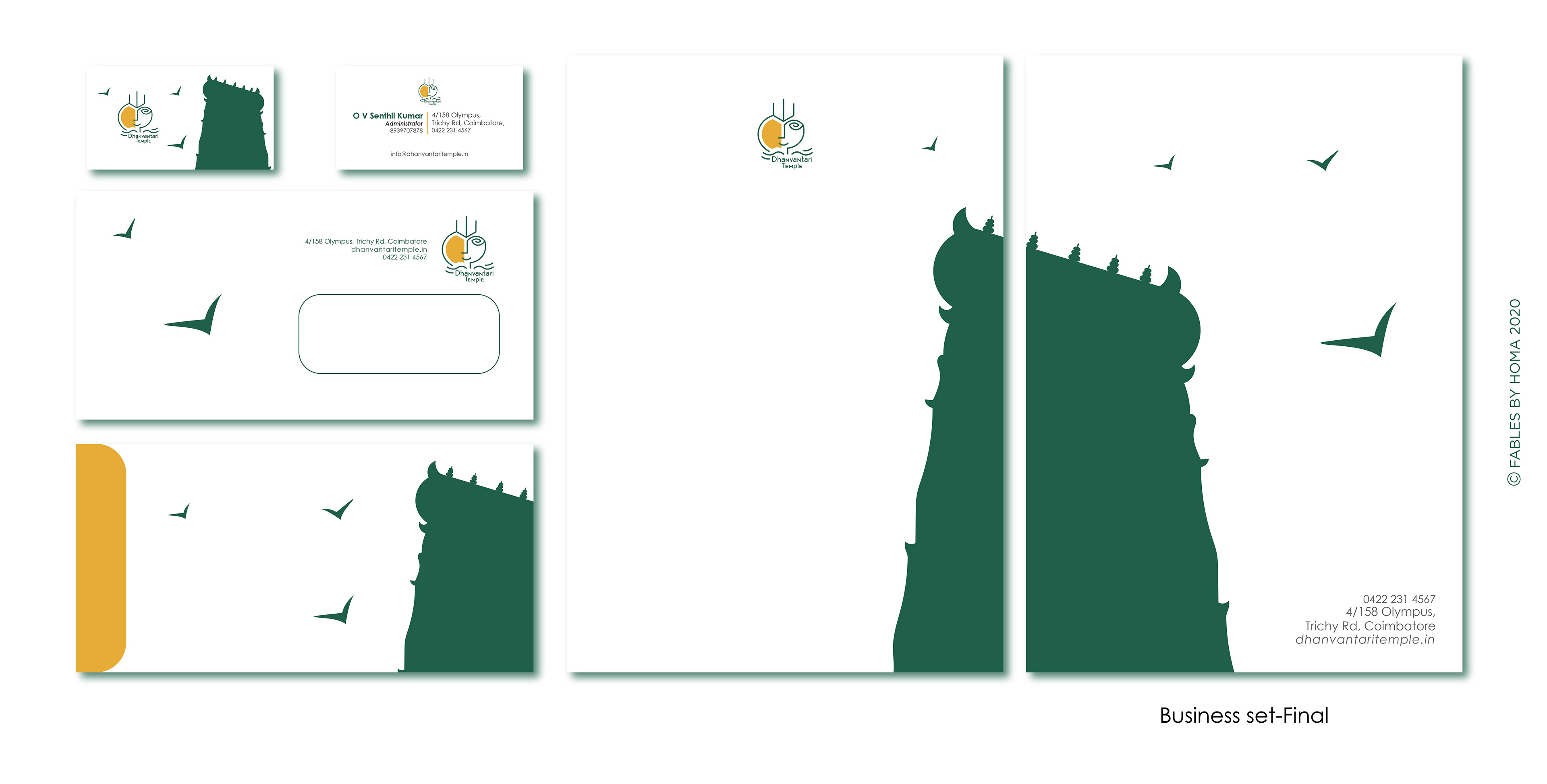 Dhanvantari Temple brand: business stationery set, final option with a green temple tower silhouette