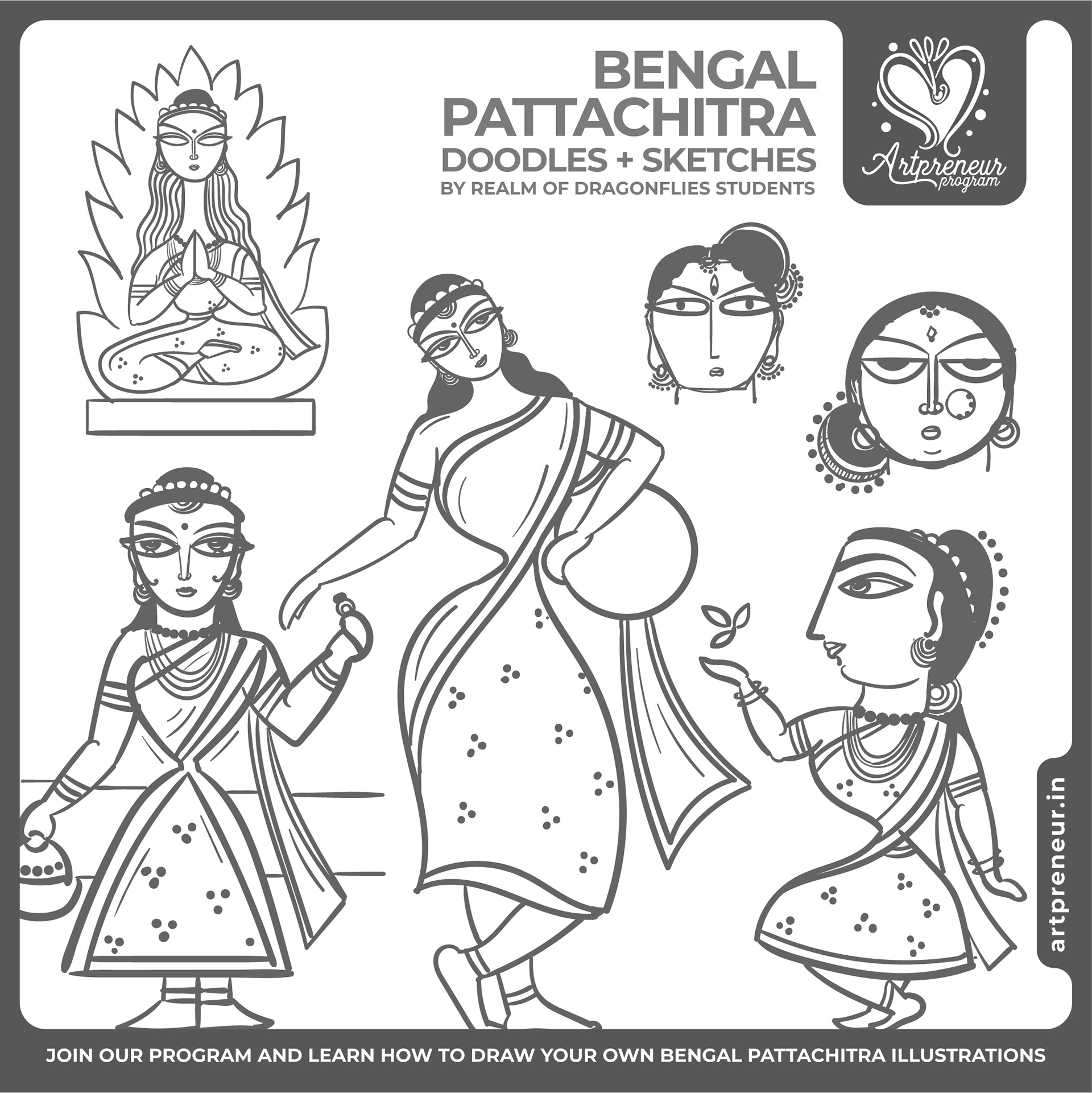 50 Bengal Pattachitra Indian folk illustrations: #35 Pattachitra doodles and sketches sheet 4