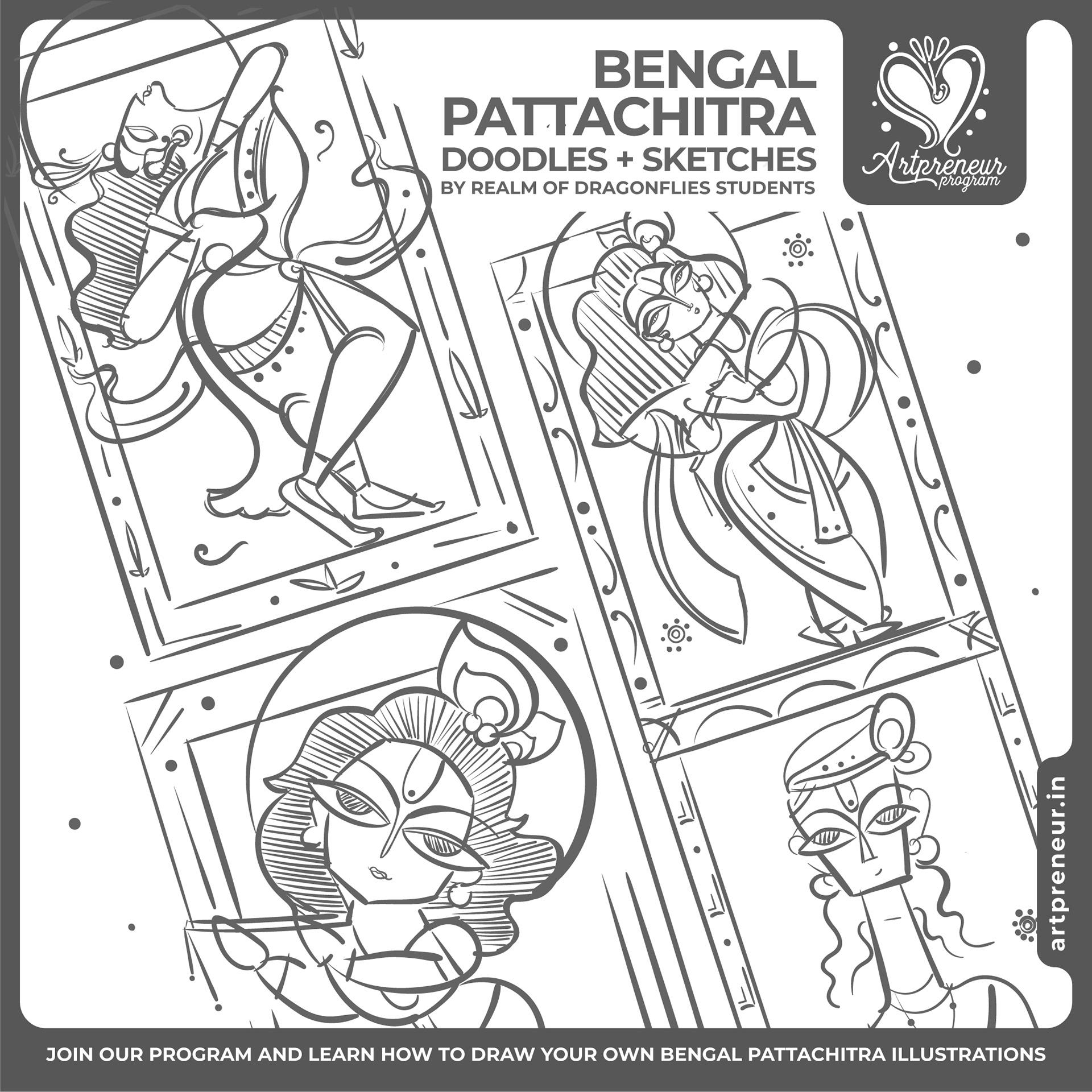 50 Bengal Pattachitra Indian folk illustrations: #37 Pattachitra doodles and sketches sheet 6