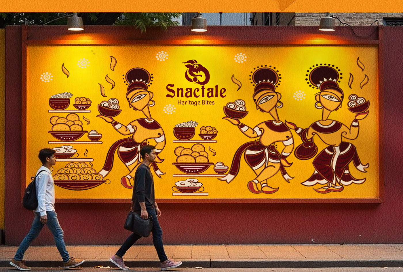 Snactale heritage snack bistro brand: street billboard with folk musician illustrations