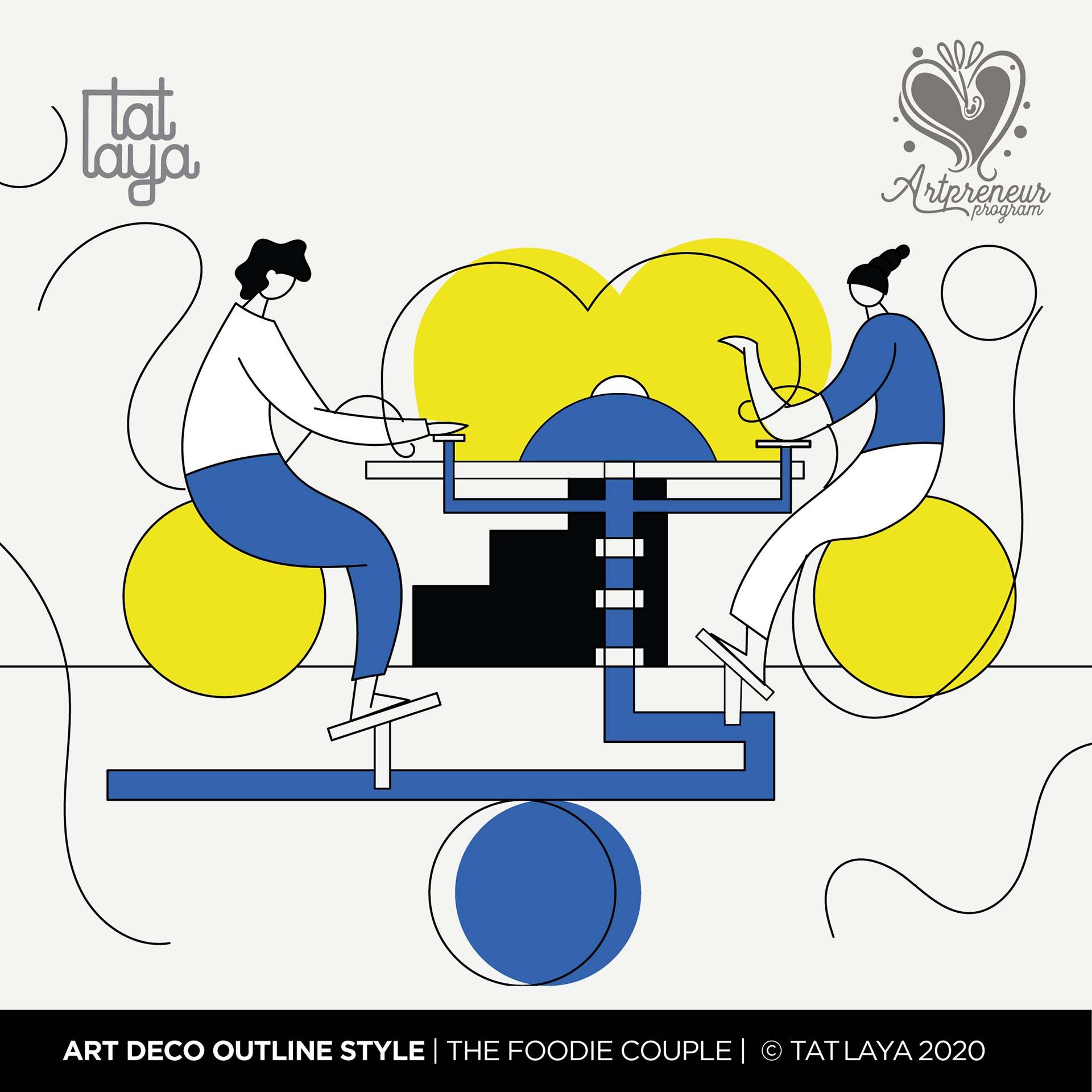 12 types of contemporary couple in Art Deco outline style: #13 The foodie couple, alternate
