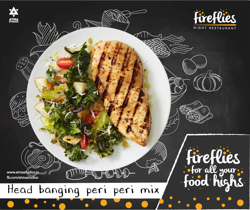 Fireflies menu poster: grilled chicken with salad, head banging peri peri mix