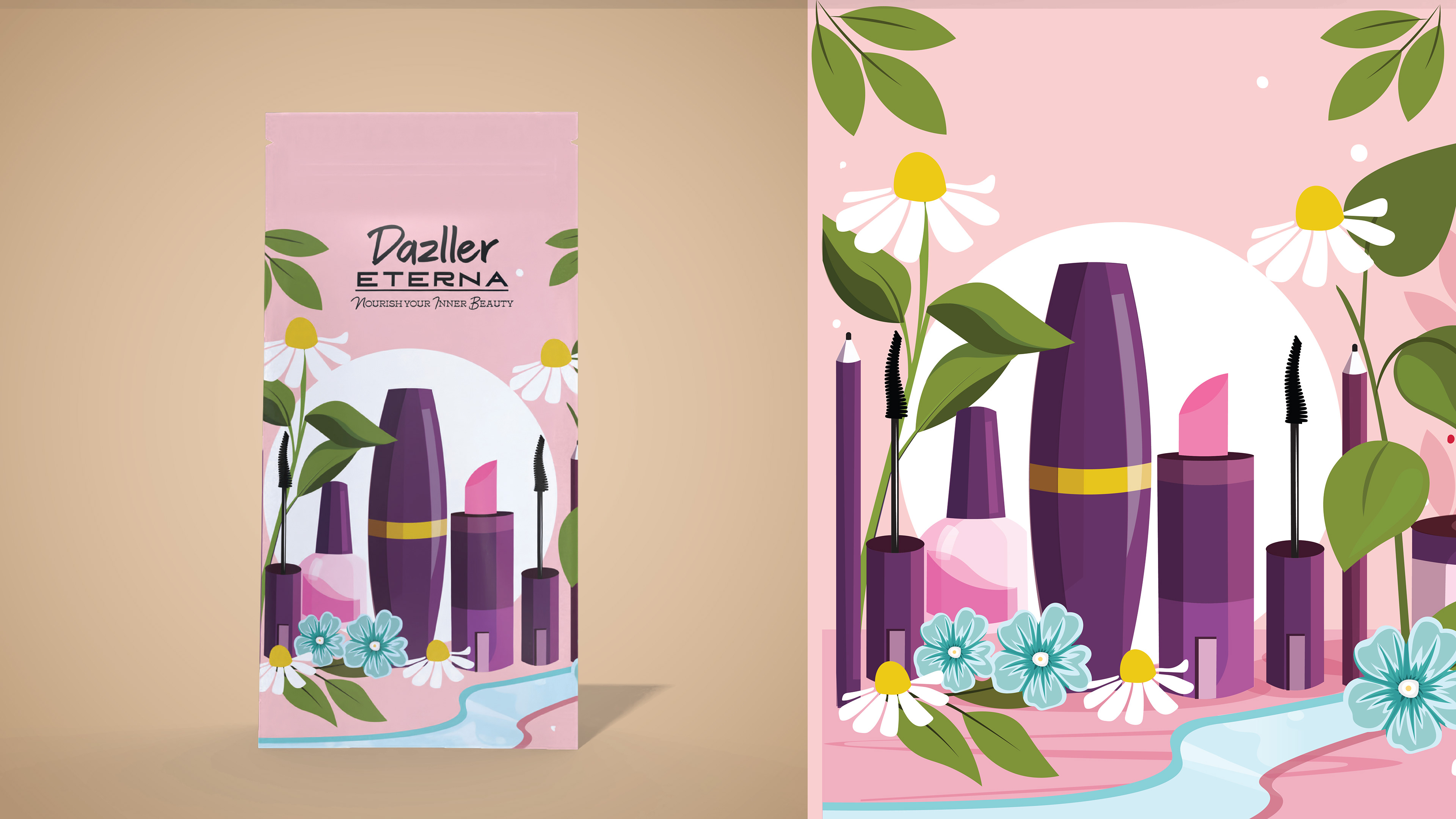Dazller e-commerce pouch package design: lavender pouch front with flower and mascara artwork