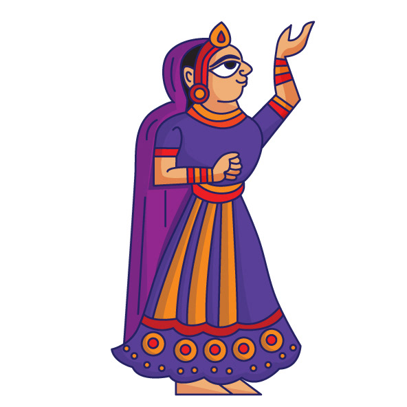 Kesar sweet shop space branding in Phad painting style: Phad character: a woman dancing in a purple veil