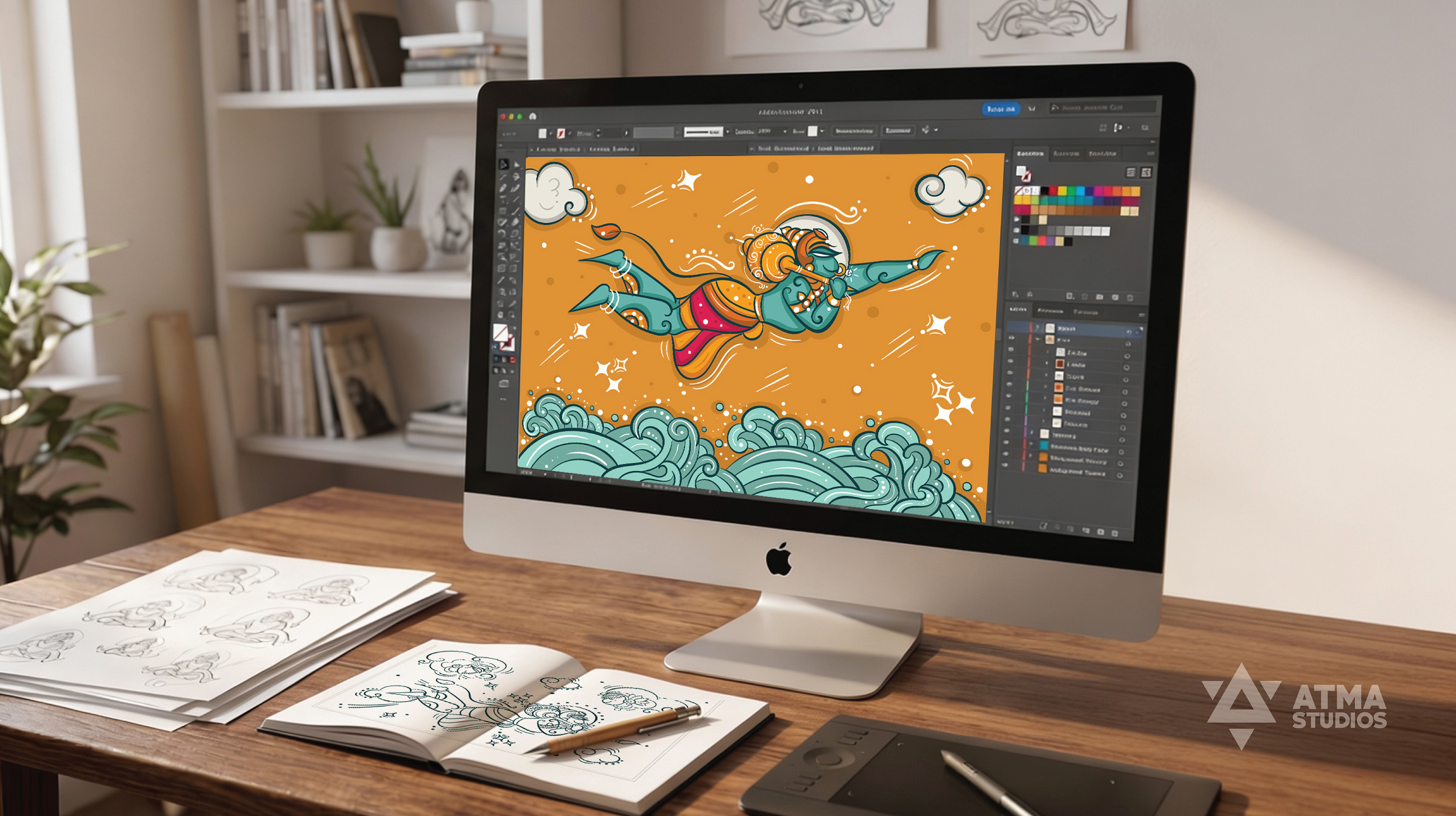 Hanuman Chalisa children's book: flying Hanuman illustration being coloured on a monitor