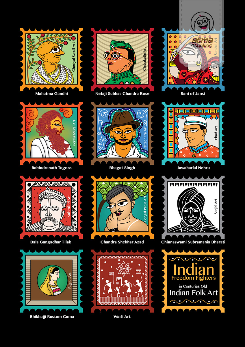 50 notebook cover illustrations: Indian Folk Art stamps cover with twelve portrait stamps, notebook cover illustration by Atma Studios