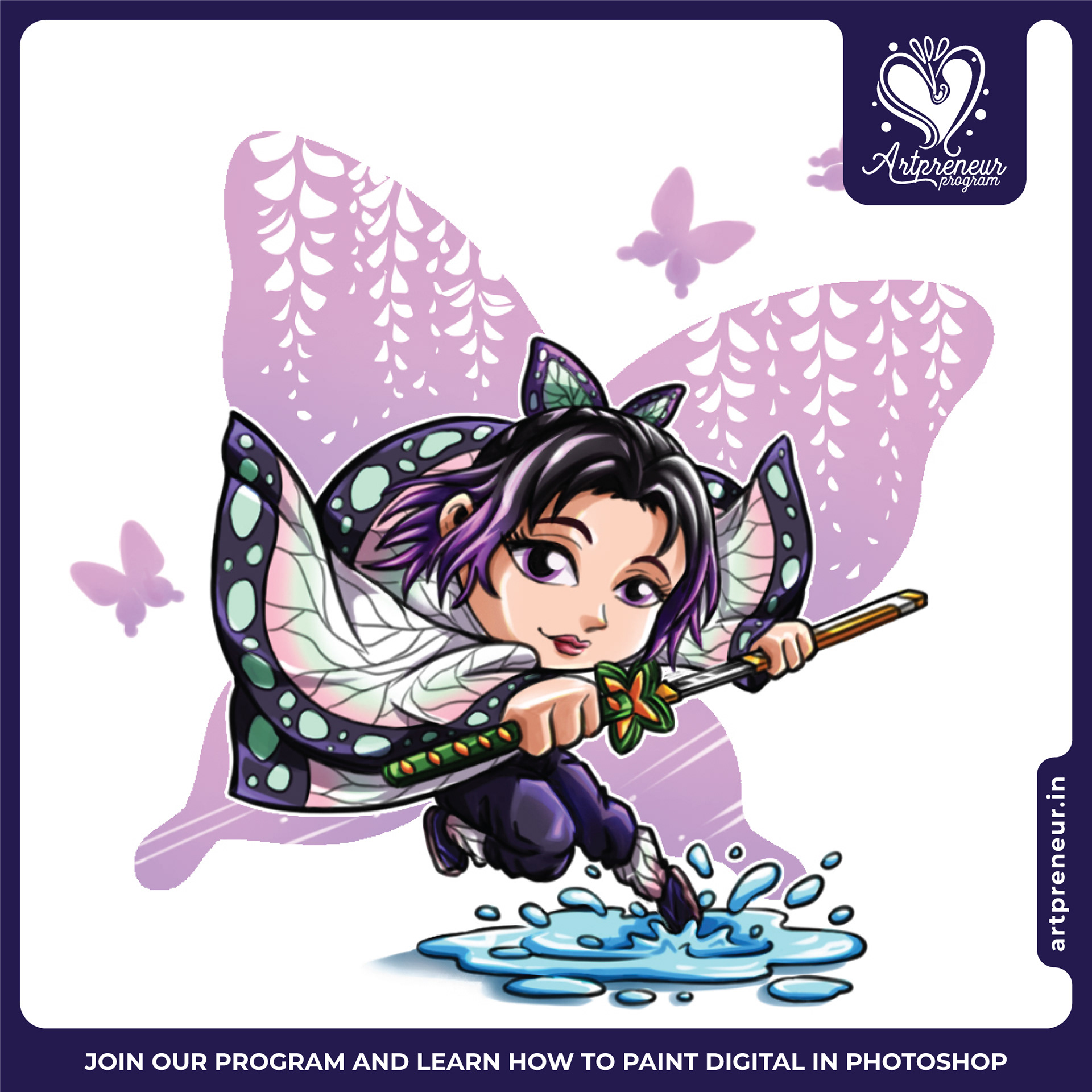12 cute chibi illustrations collective 2021-2022: #6 Swordswoman with butterfly wings chibi