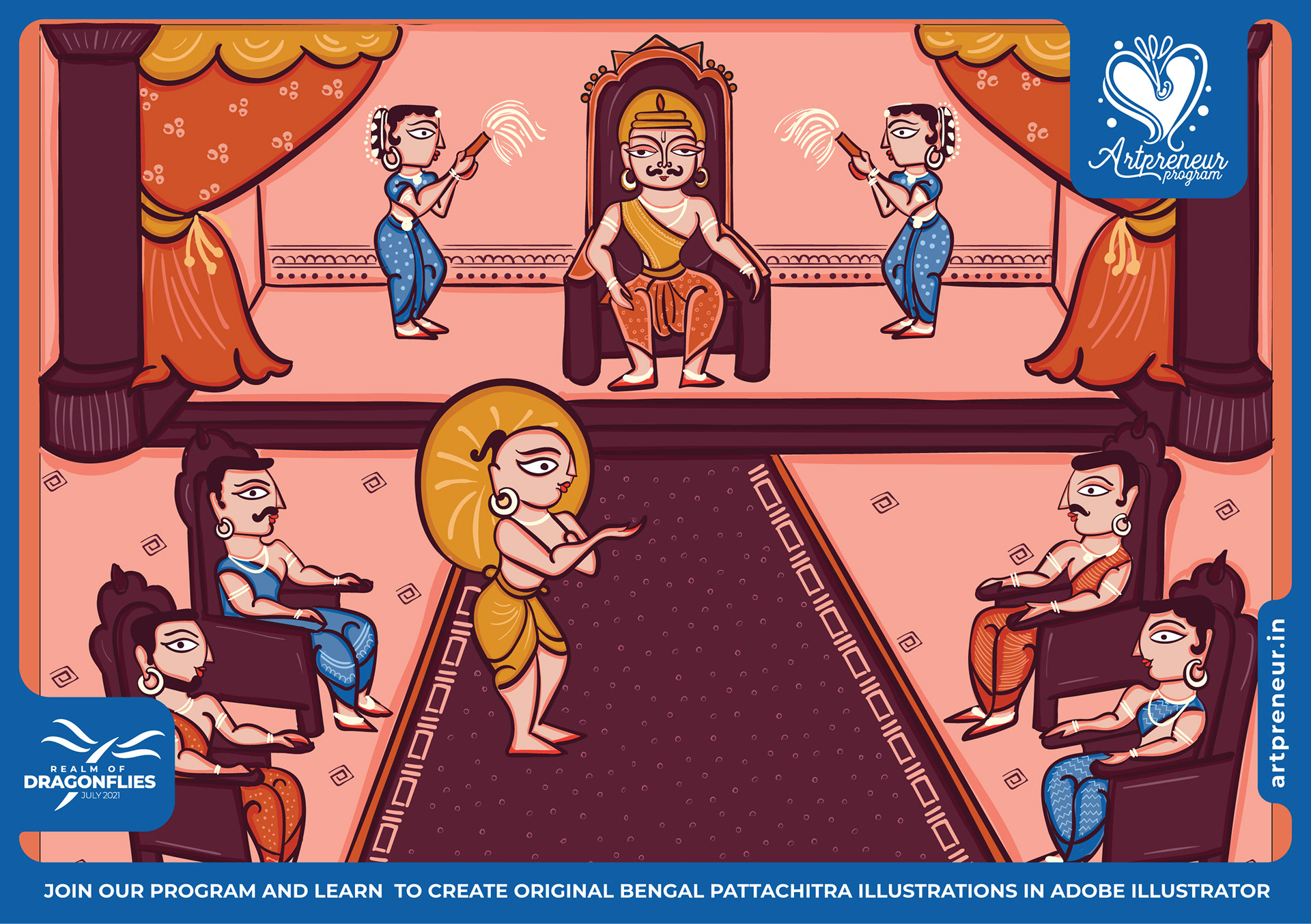 50 Bengal Pattachitra Indian folk illustrations: #24 Court dancer and musicians