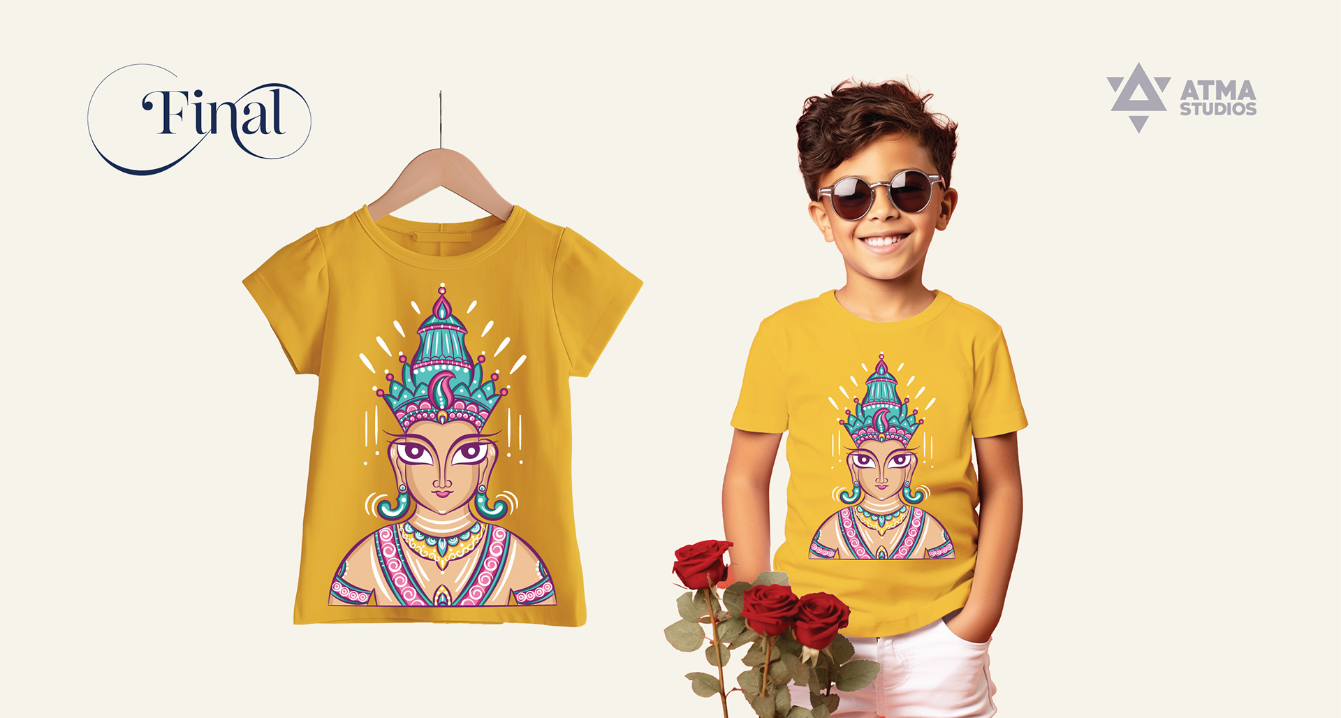 The One kids T-shirt illustrations: final T-shirt on a hanger and worn by a boy