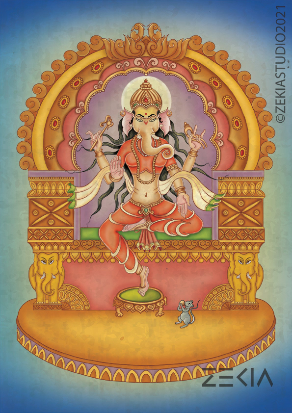 Indian goddesses in Chitrasutra art form: #3 Lord Ganesha dancing on an ornate throne