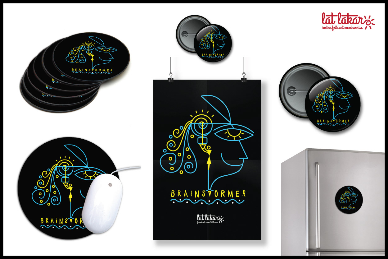 Lat Lakar Indian folk art merchandise: Brainstormer badges, poster and mouse