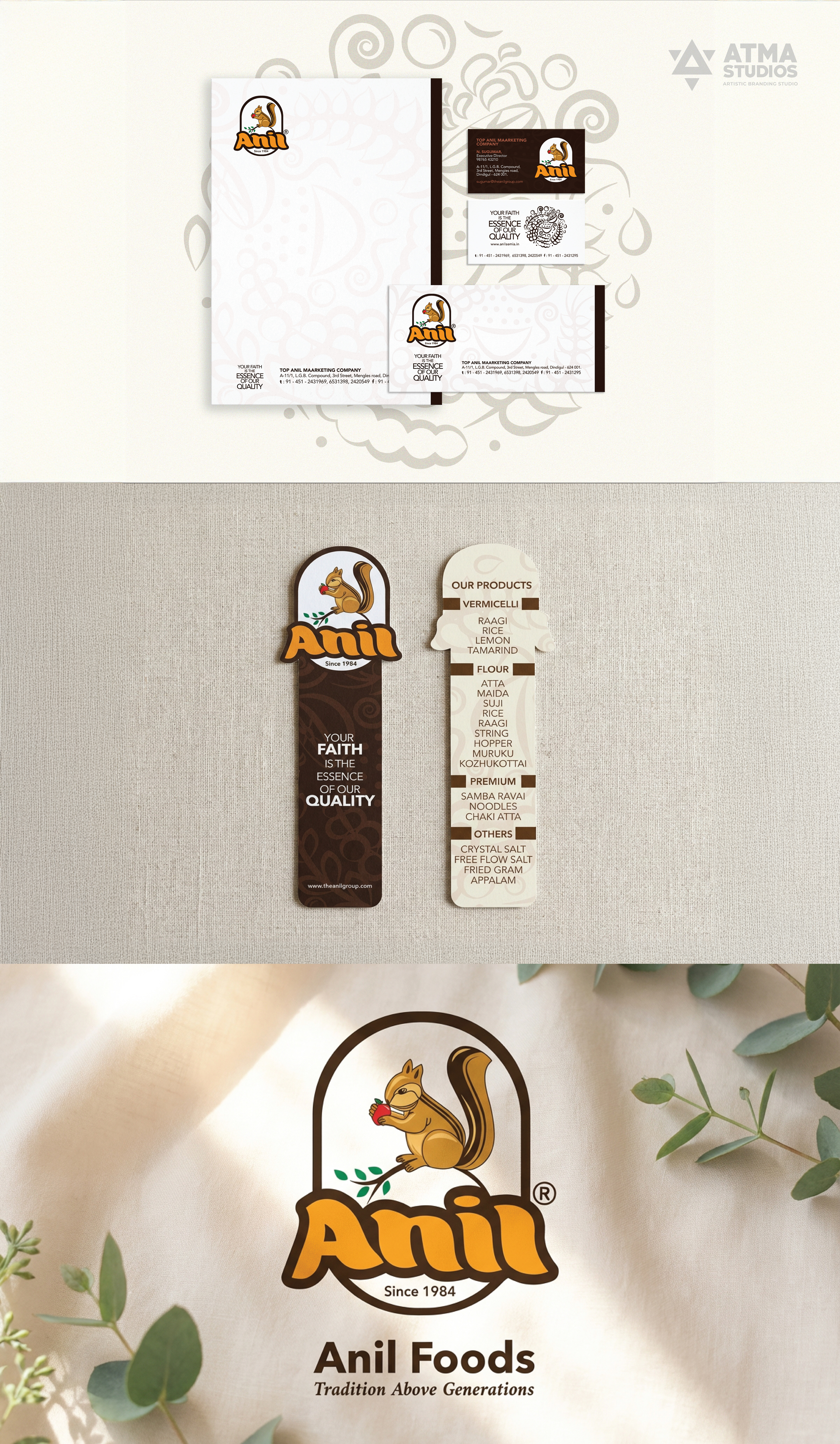 Anil Foods rebranding: brand stationery and collateral mockups
