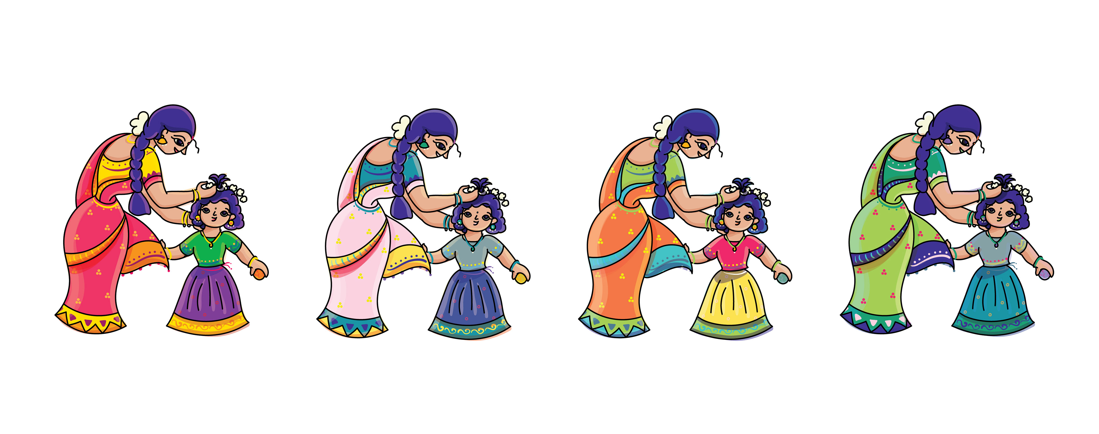 Sweet Kadai Diwali package illustration: row of women in silk saris