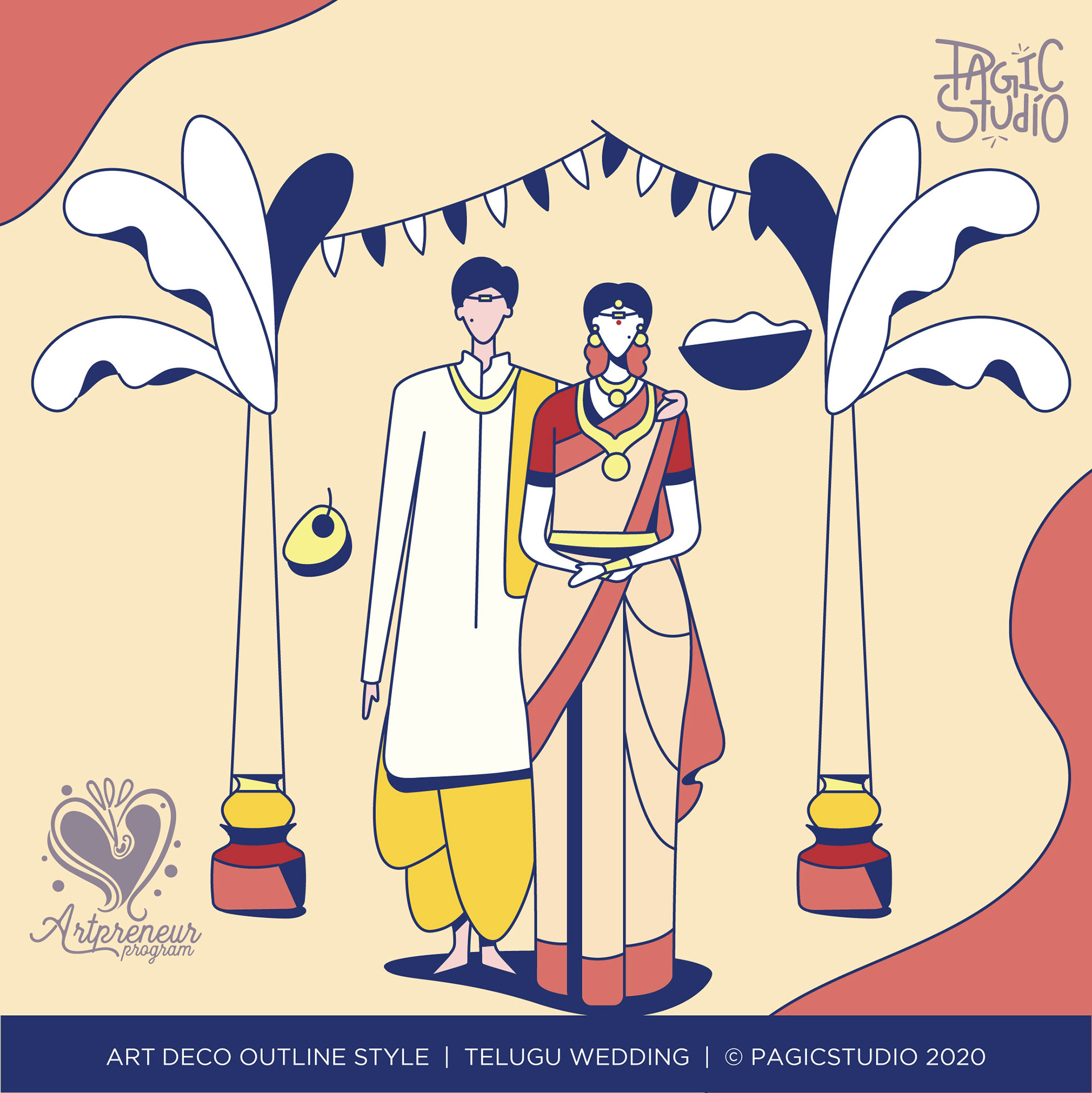 12 styles of Indian wedding couple in Art Deco outline: #11 Telugu wedding couple
