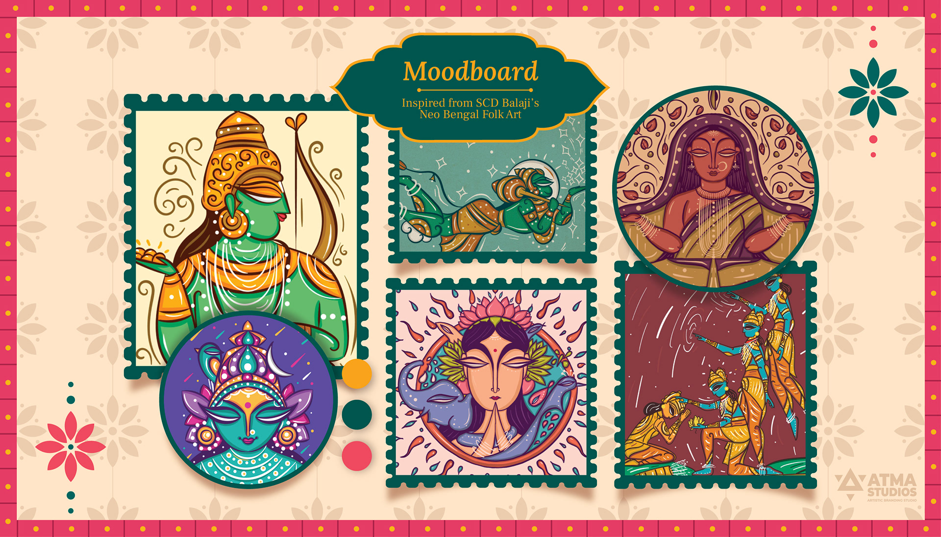 Phool Raksha Bandhan gift box packaging: moodboard of folk style sibling illustrations
