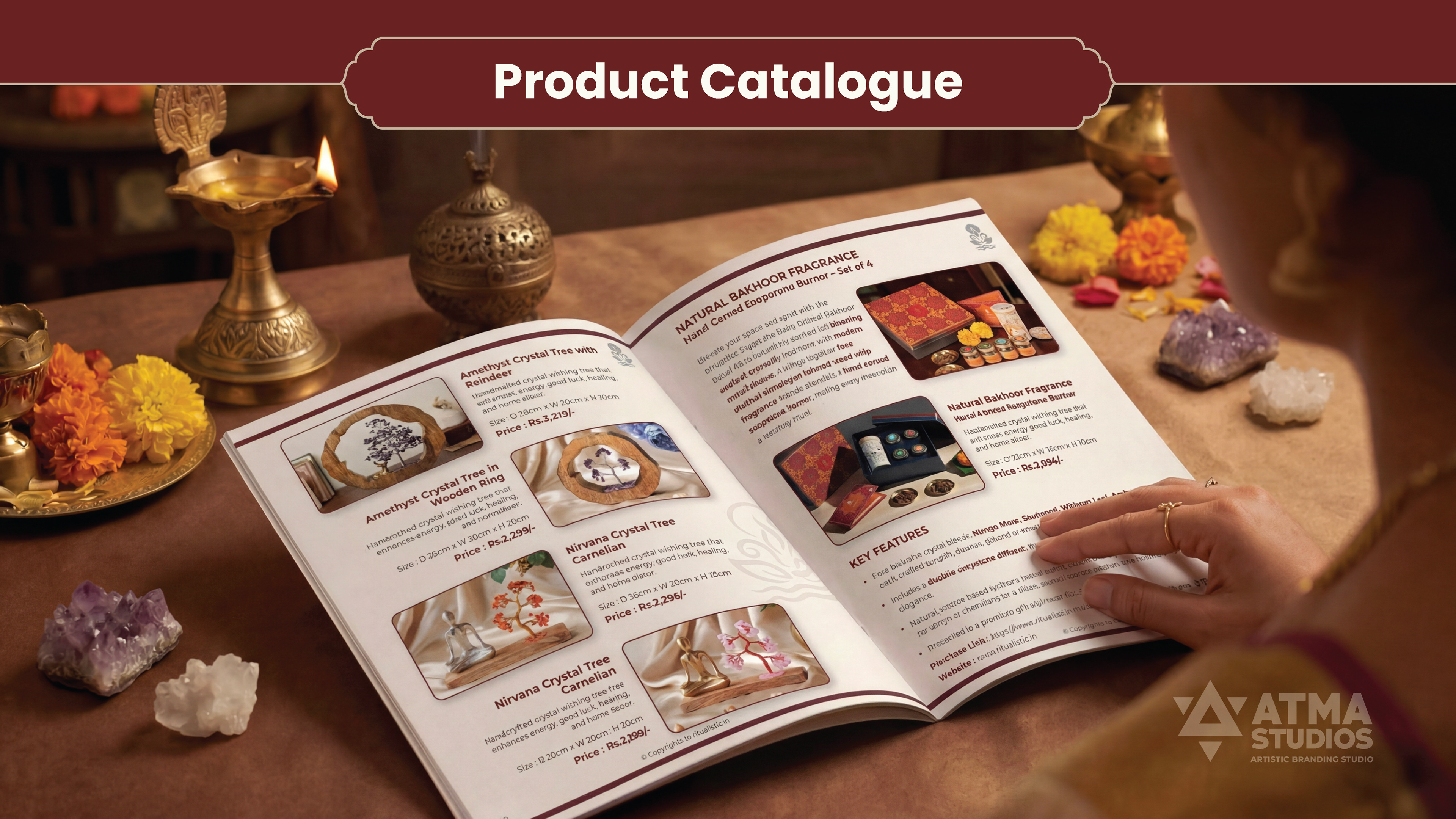 Ritualistic mindful essentials brand: product catalogue open on a table