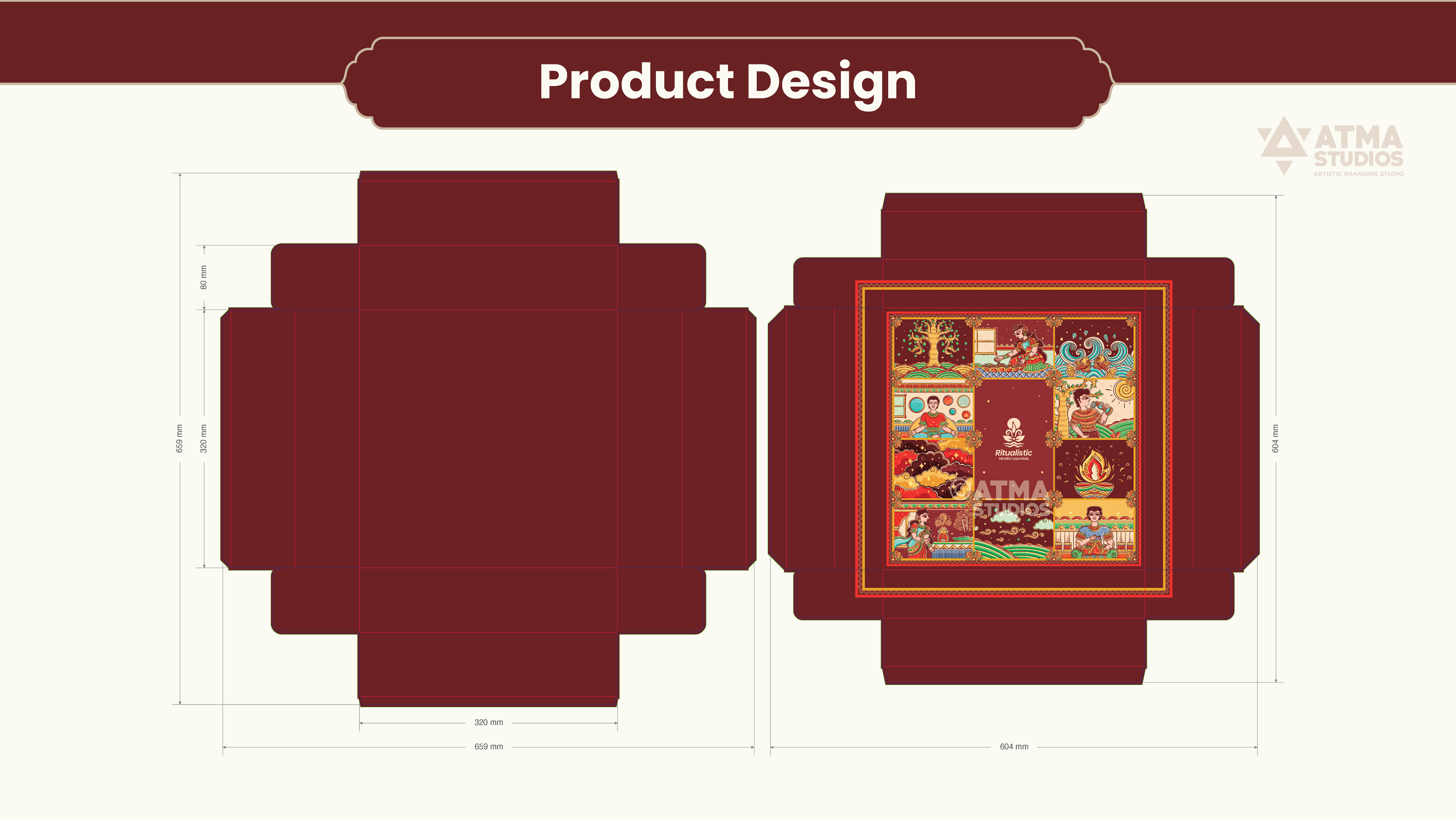 Ritualistic mindful essentials brand: square box product packaging die-line and artwork