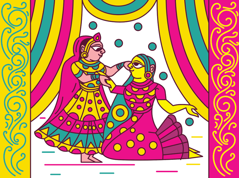 Kesar sweet shop space branding in Phad painting style: two dancers under a canopy panel