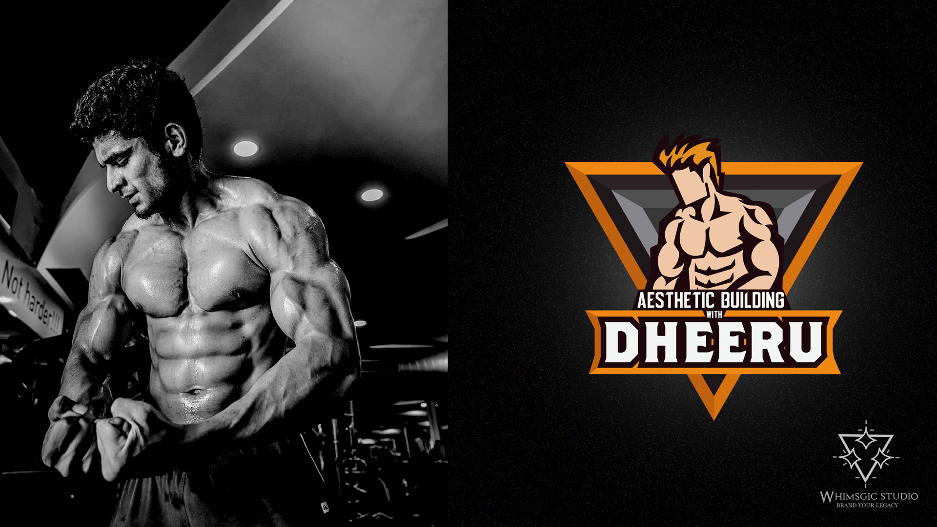 Dheeru athlete personal brand: mascot logo in an orange triangle beside a photo of the physique athlete, branding by Atma Studios