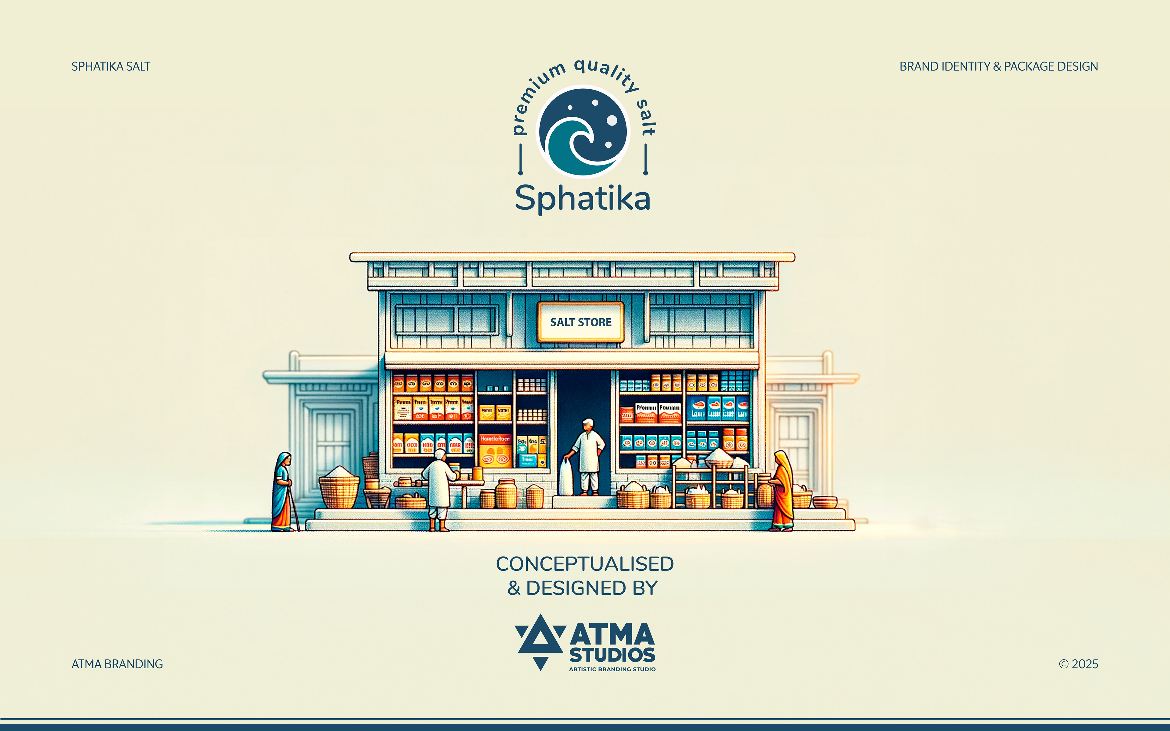 Sphatika premium salt brand: cover illustration of a salt store, conceptualised and designed by Atma Studios