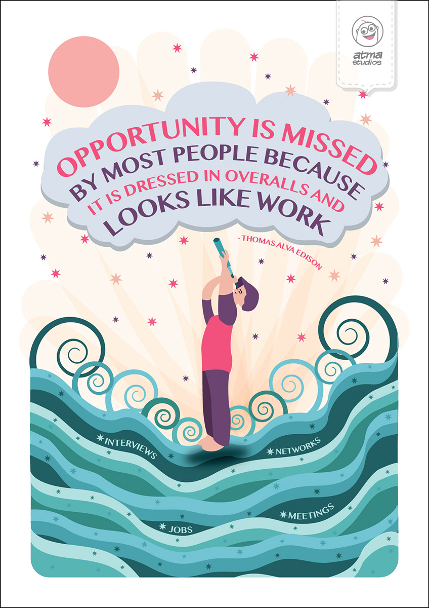 50 notebook cover illustrations: Opportunity is missed quote cover with a woman in waves