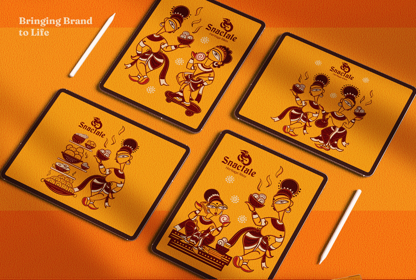Snactale heritage snack bistro brand: folk dancer illustrations on tablet screens