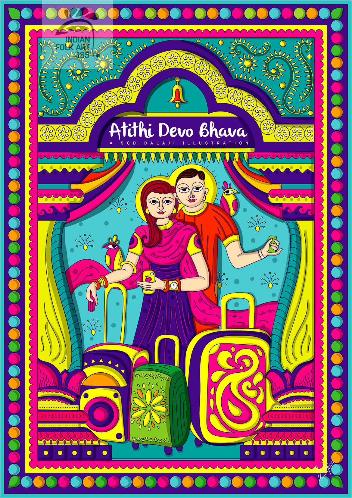 50 contemporary Indian folk art illustrations: #5 "Athithi Devo Bhava" travellers