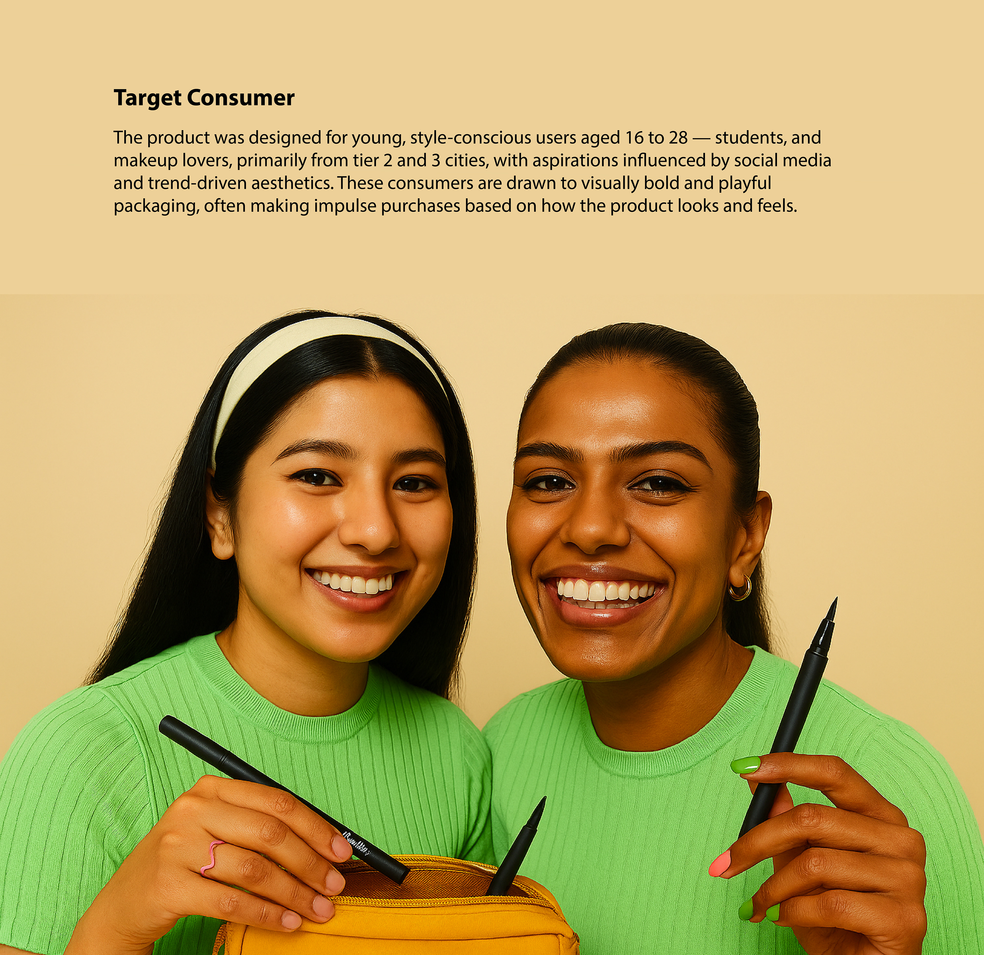 Dazller Hi-Def waterproof eyeliner packaging: target consumer slide with two young women holding eyeliners