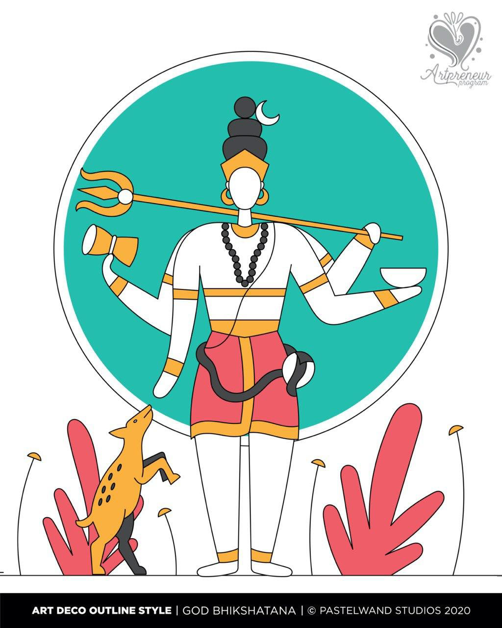 12 dimensions of Shiva in Art Deco outline style: #4 Bhikshatana