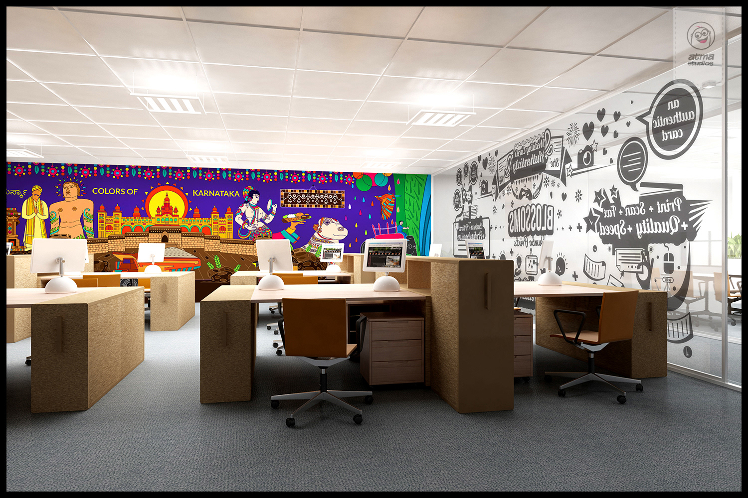 Bangalore office space interior brand illustrations: open office workstations with murals on two walls