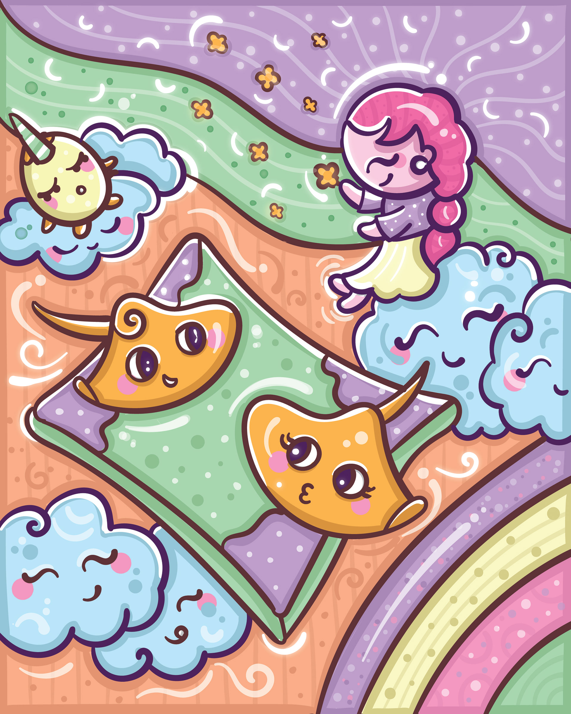 Kawaii gratitude series: pastel doodle of a girl flying on a magic carpet over rainbows