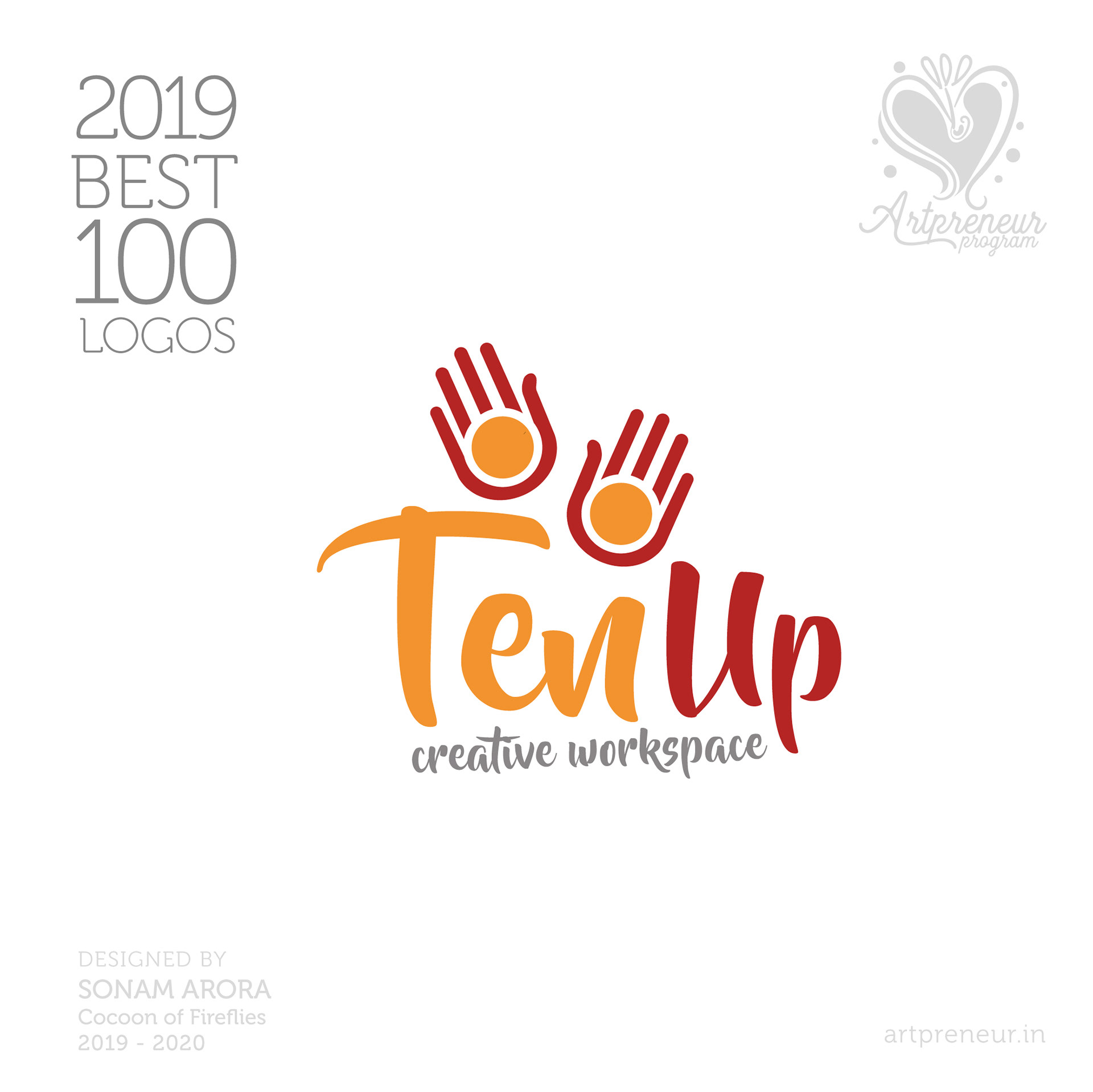 100 best logos of Atma Studios 2019: Ten Up creative workspace logo with two hands