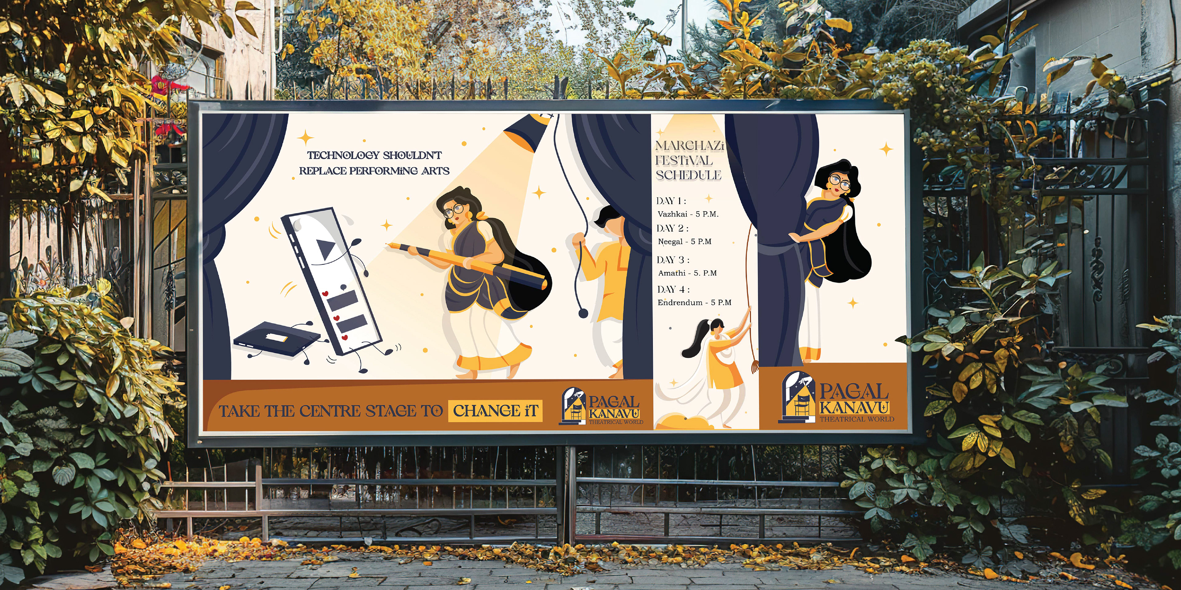 Pagal Kanavu theatre troupe brand: outdoor billboard with the mascot and stage curtains