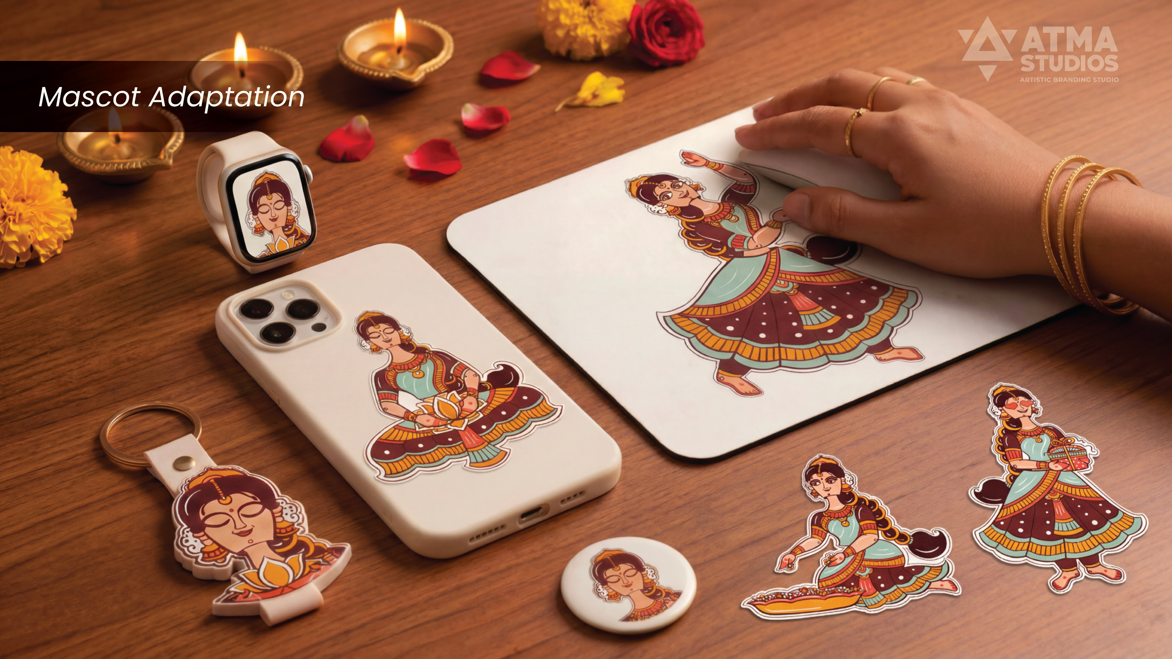 Ritualistic mindful essentials brand: mascot adaptation on phone case, mouse pad, keychain and stickers