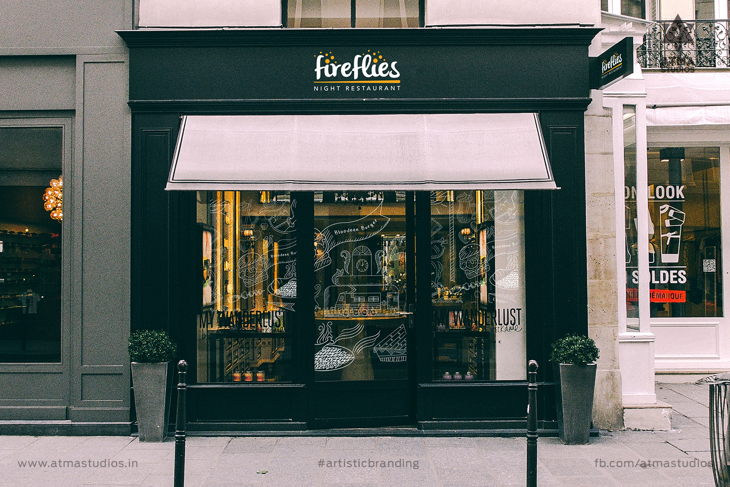 Fireflies Night Restaurant storefront signage mockup