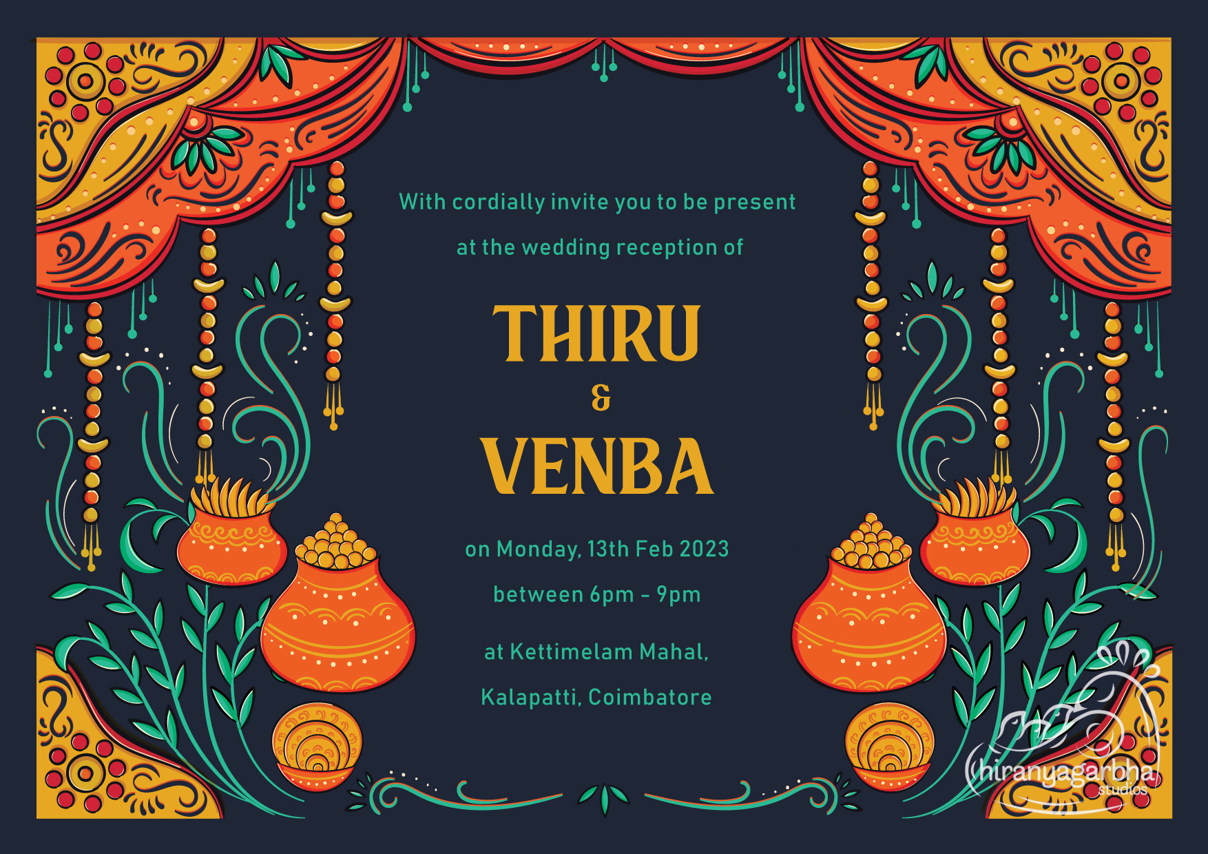 Kalyana Samayal Saadham South Indian wedding feast invitation: invitation back with the wedding details of Thiru and Venba