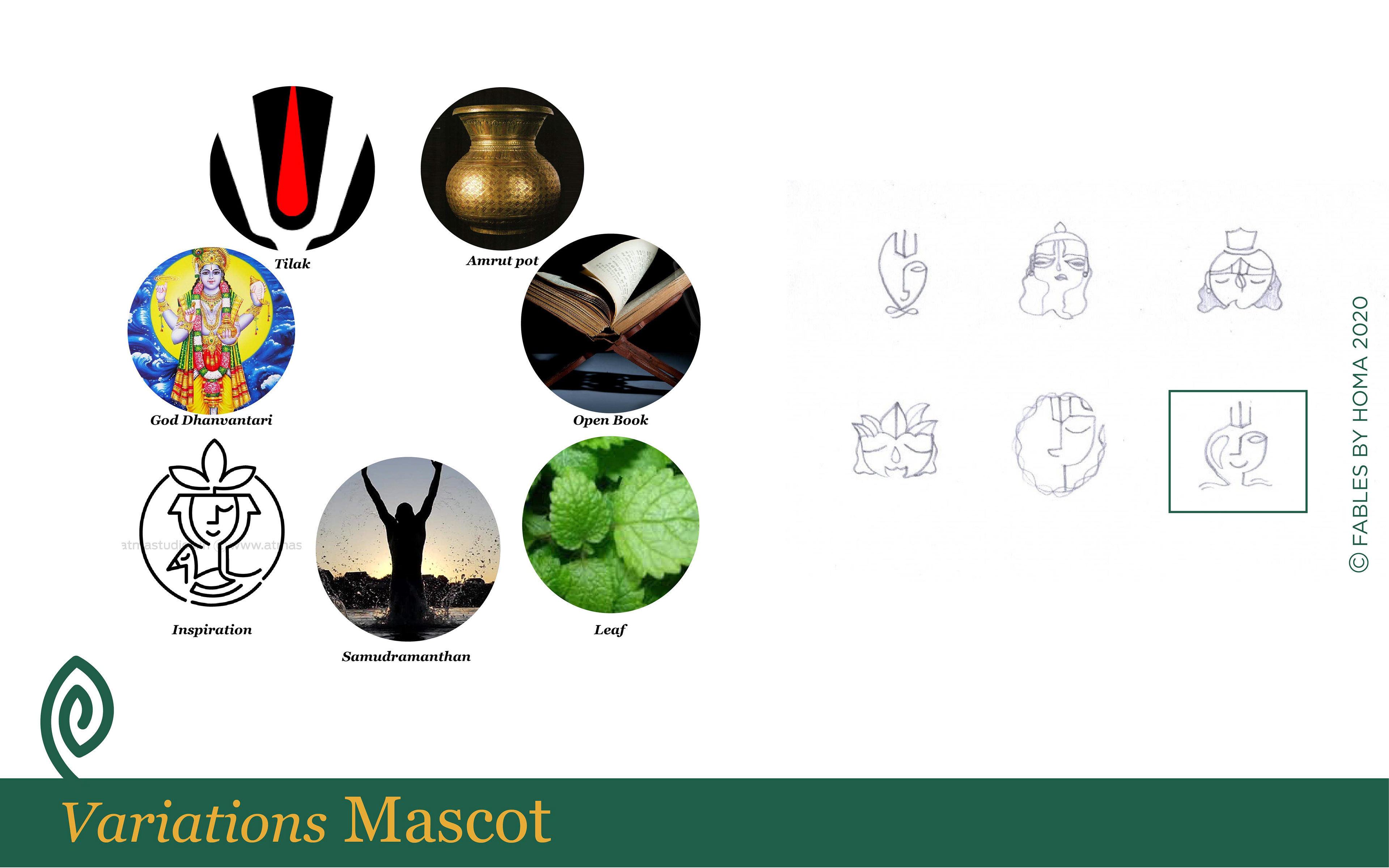 Dhanvantari Temple brand: logo variations based on a mascot