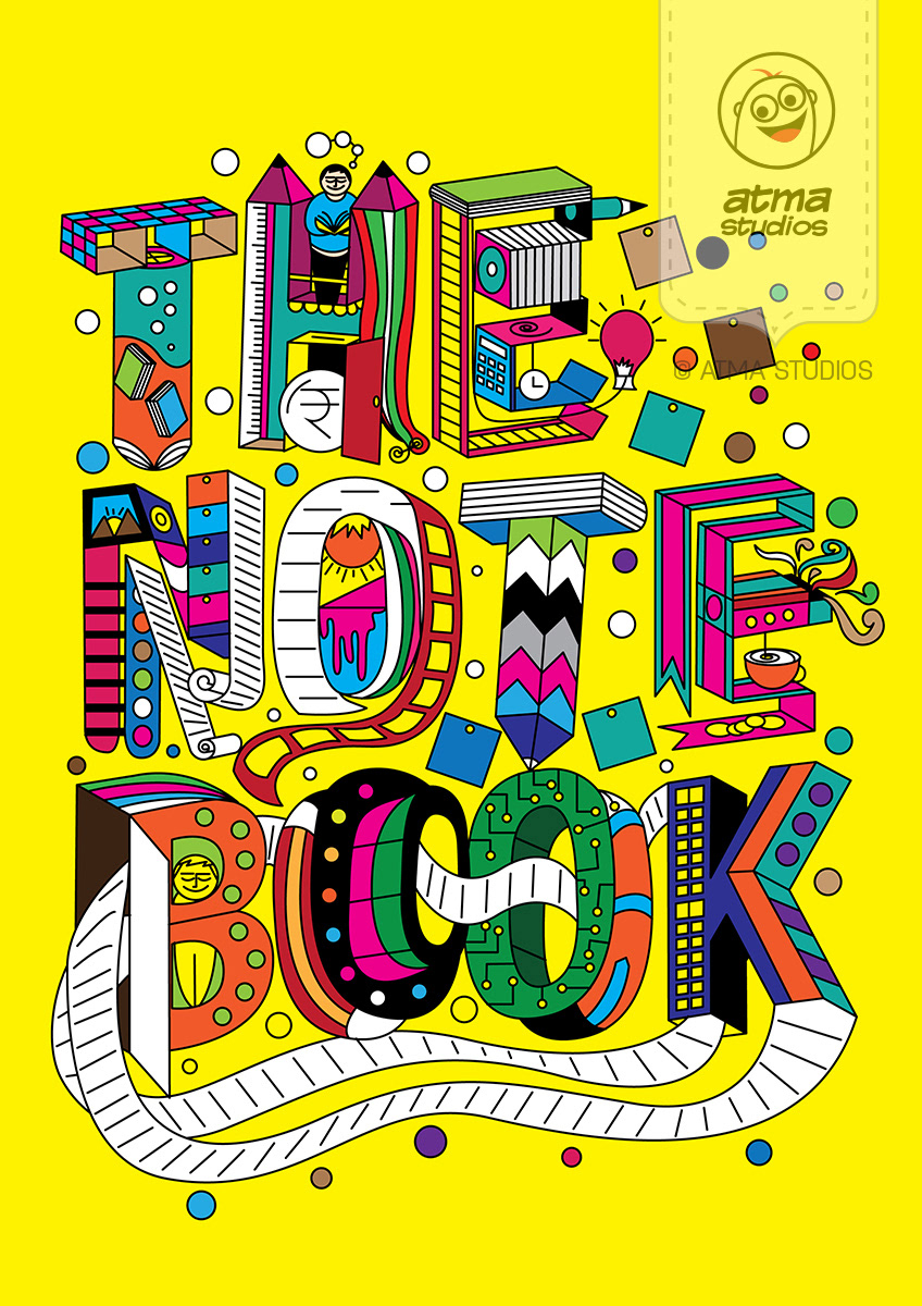 50 notebook cover illustrations: The Note Book lettering cover on yellow