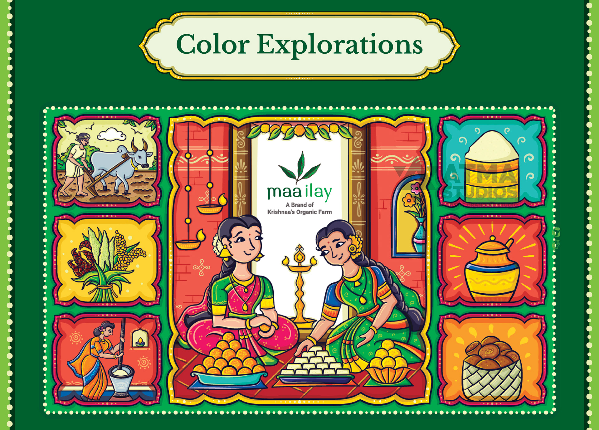Maa Ilay illustrated sweet box package design: colour explorations of the box illustration