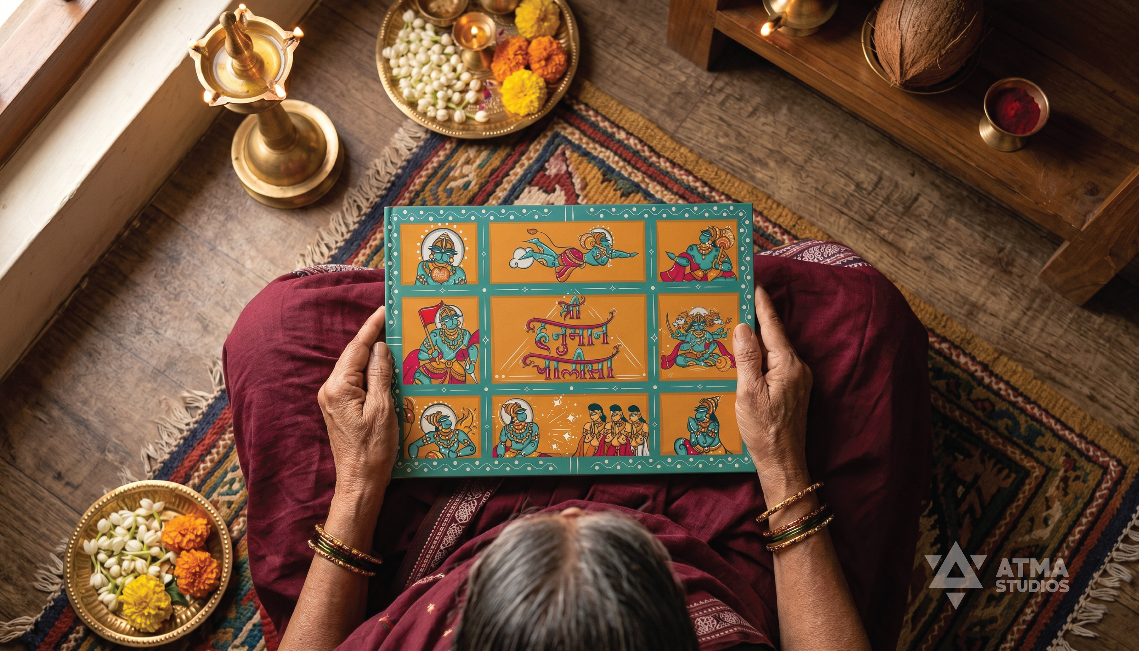 Hanuman Chalisa children's book: reader holding the book with a grid cover