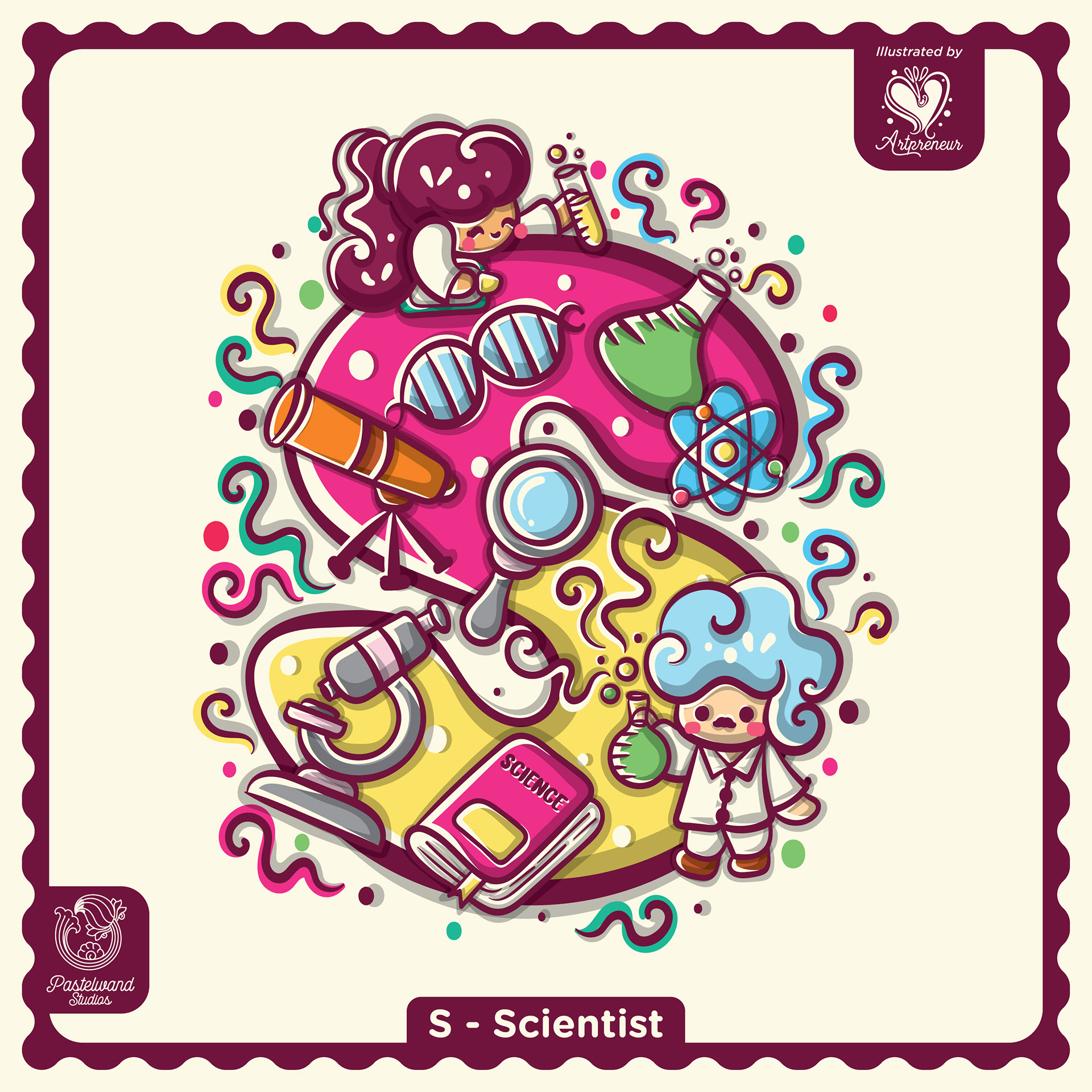 My Little Career ABC children's book: S for Scientist, an illustrated letter filled with tools and tiny characters