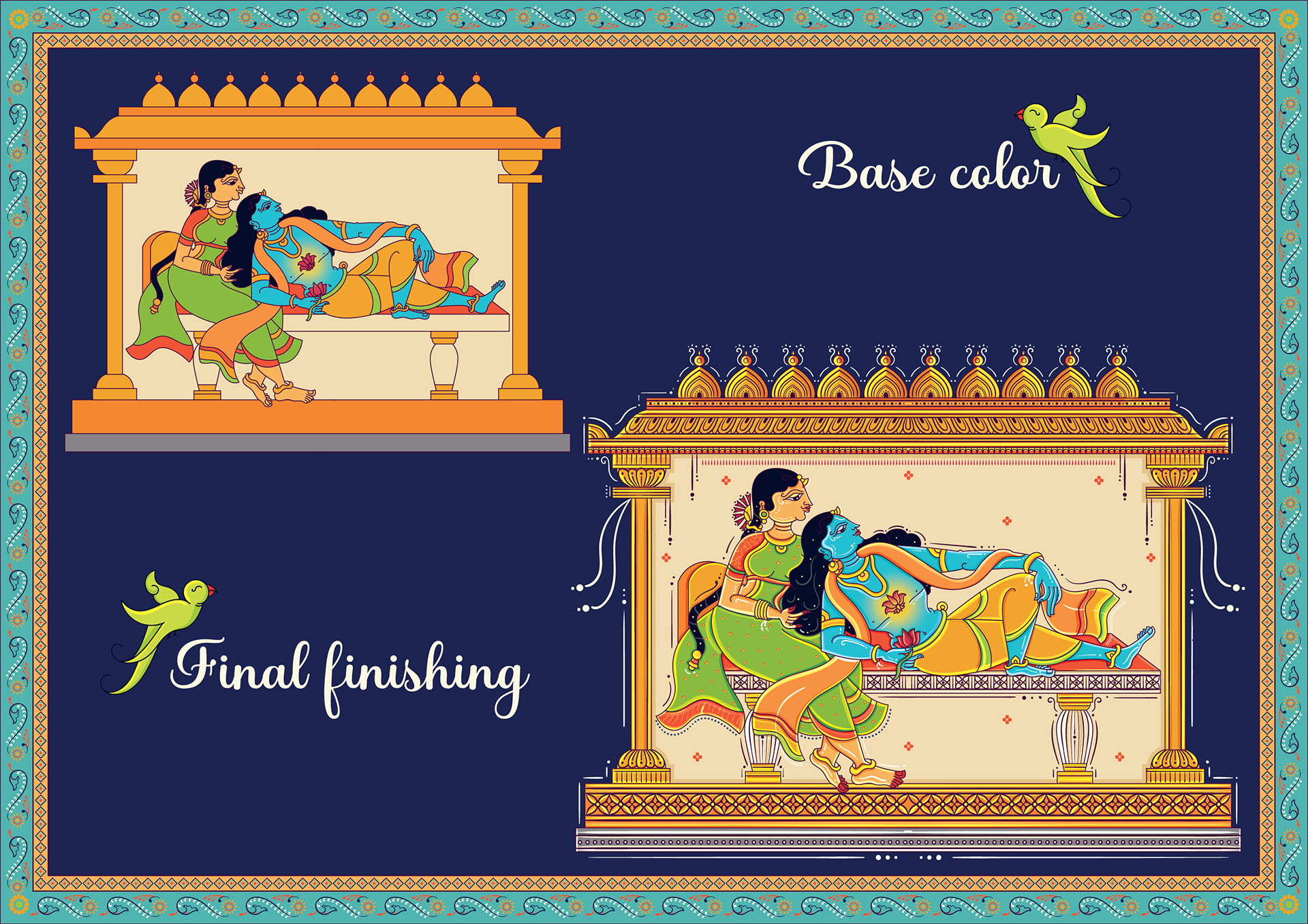 Thiruppavai illustrations part 2 in Orissa Pattachitra style: process: base colour and final finishing of a reclining Vishnu scene
