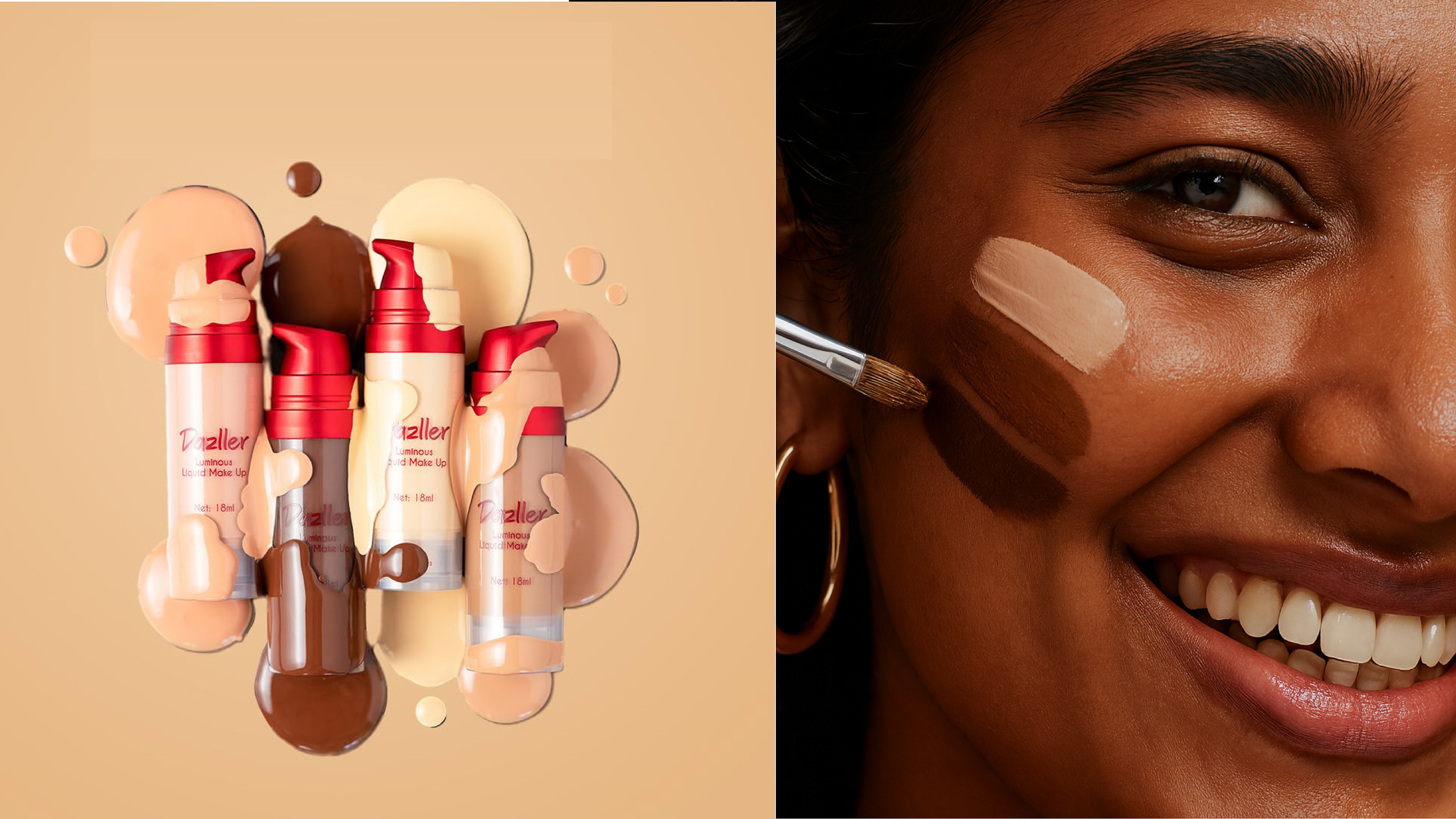Dazller foundation stick packaging: foundation bottles in many shades beside a smiling woman