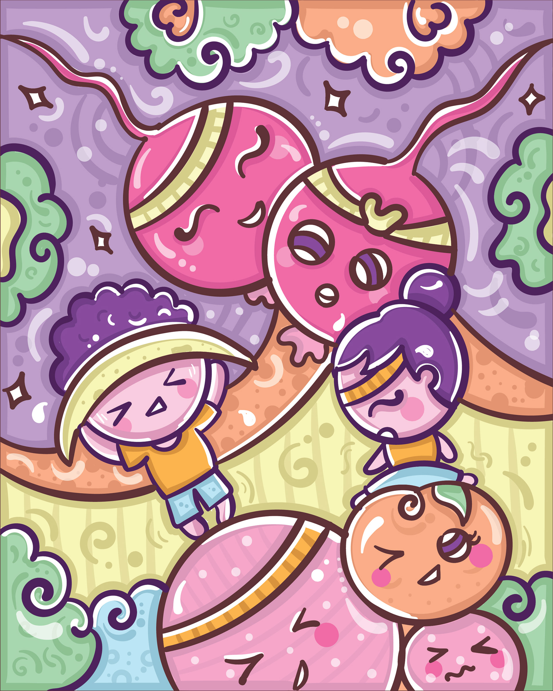 Kawaii gratitude series: pastel doodle of children climbing giant fruits
