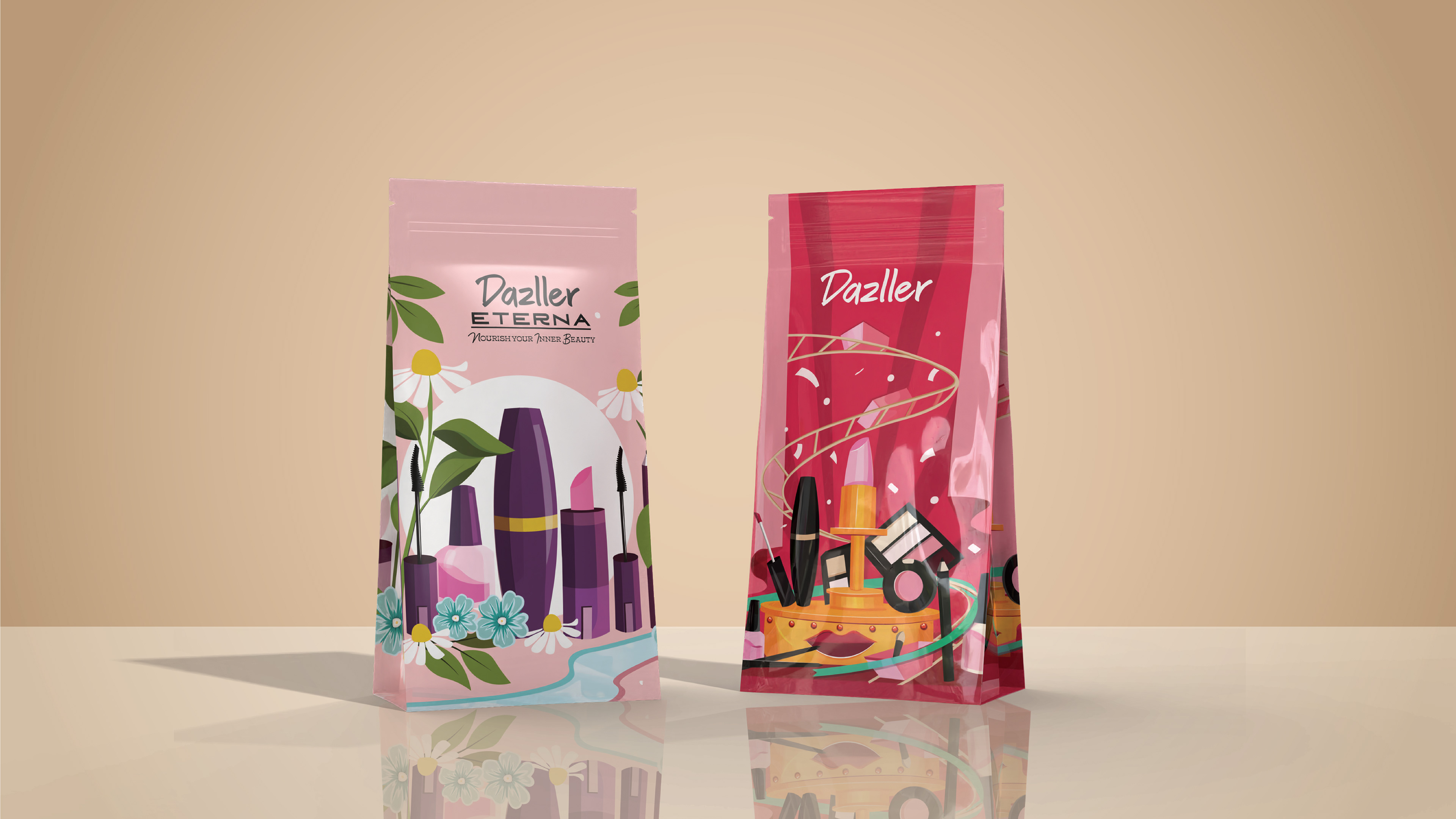 Dazller e-commerce pouch package design: two pink cosmetic pouches on a beige backdrop, package design by Atma Studios