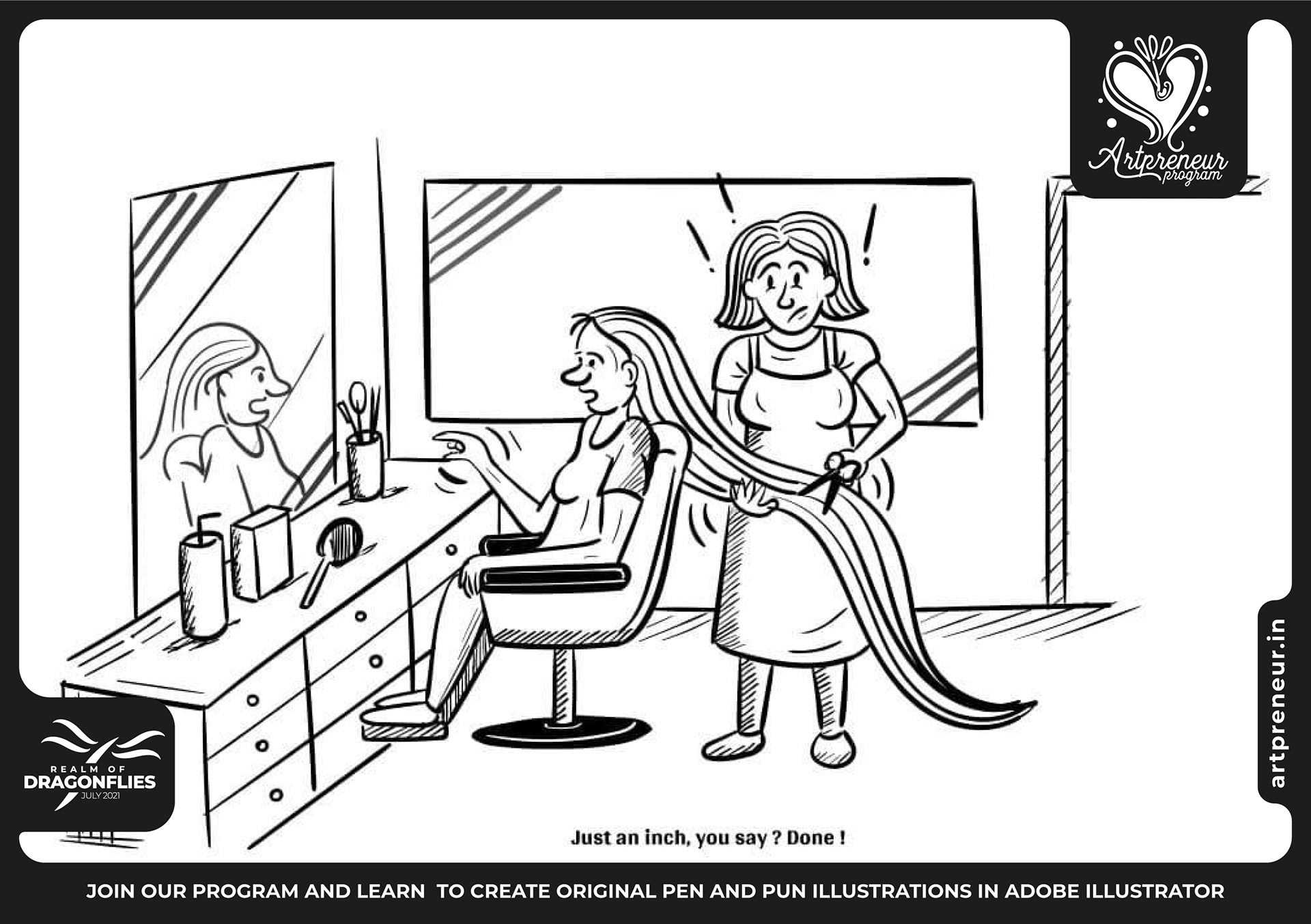 30 pen and pun comic cartoon illustrations: #9 Woman at a salon mirror