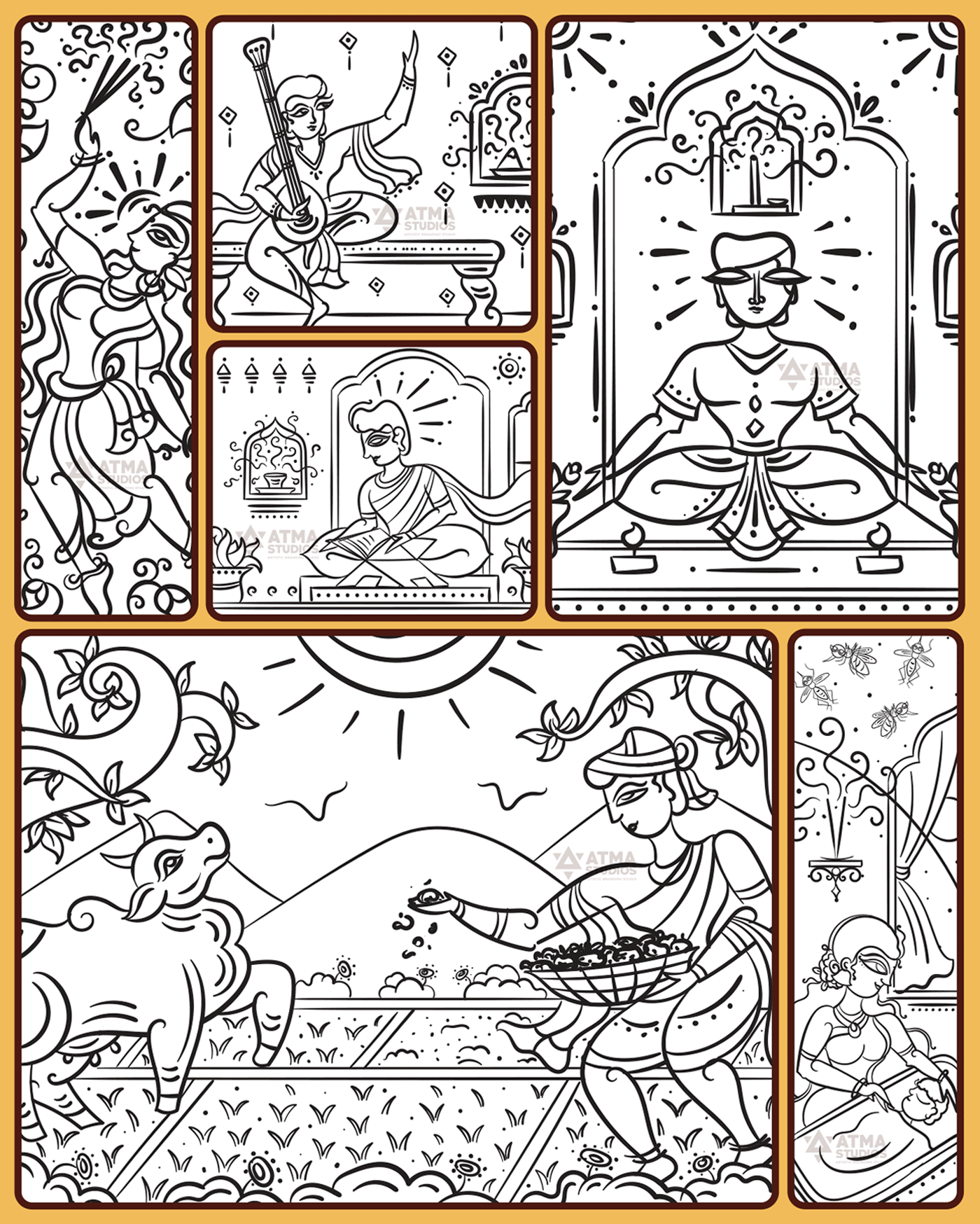 Nandavan Organics package illustrations in neo Bengal folk art: line art details of the package illustrations