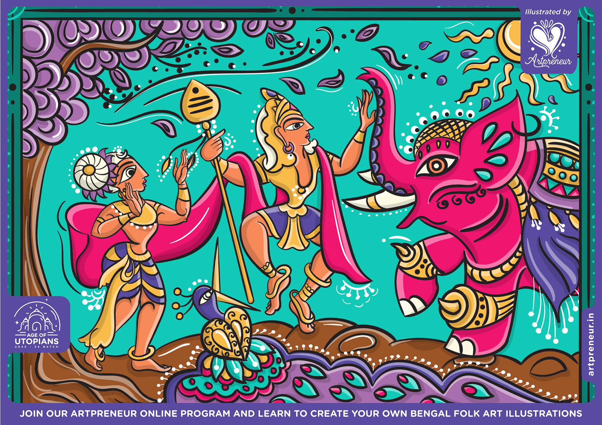 50 contemplated Bengal folk art illustrations: #10 Elephant procession with musicians