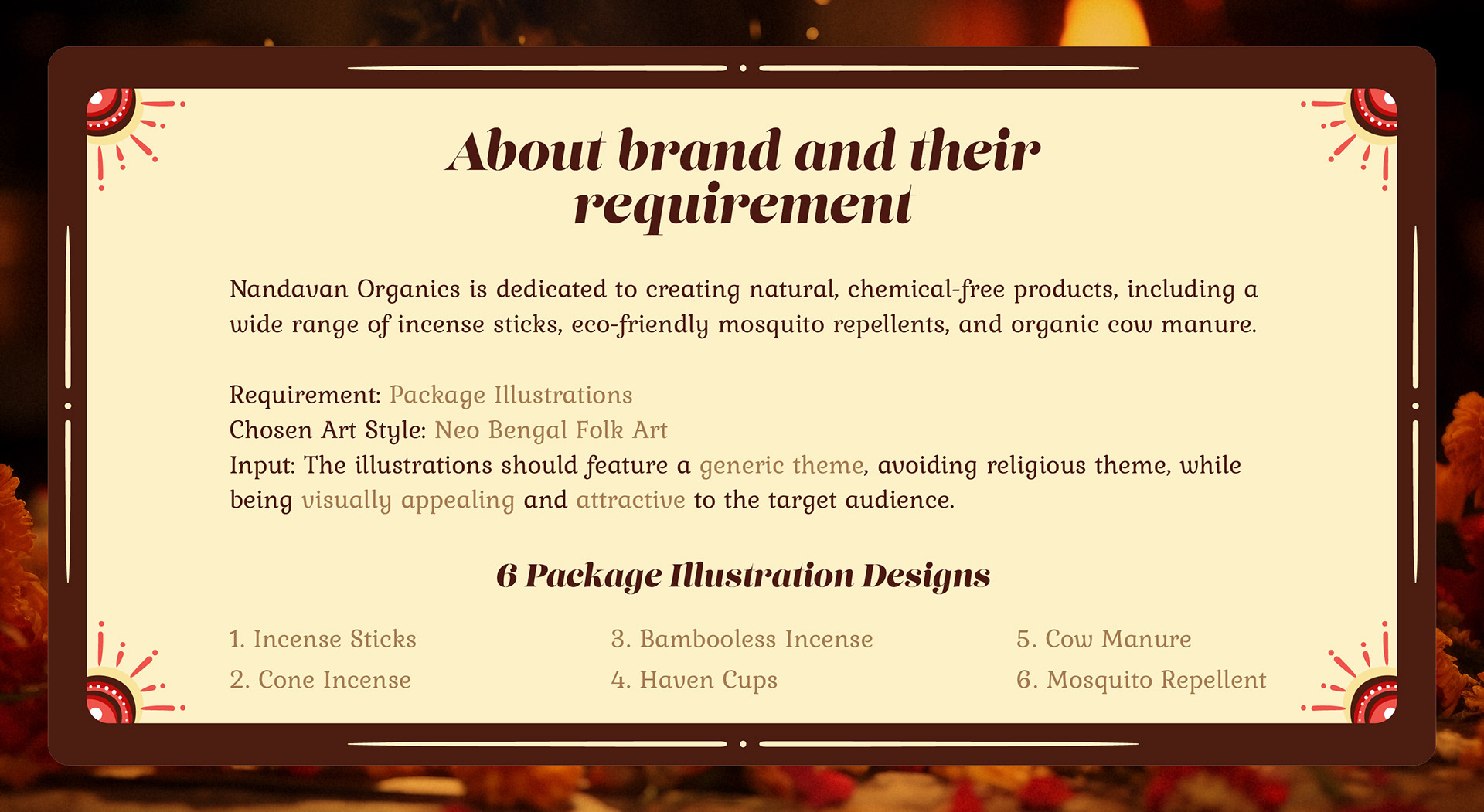 Nandavan Organics package illustrations in neo Bengal folk art: about the brand and requirement slide