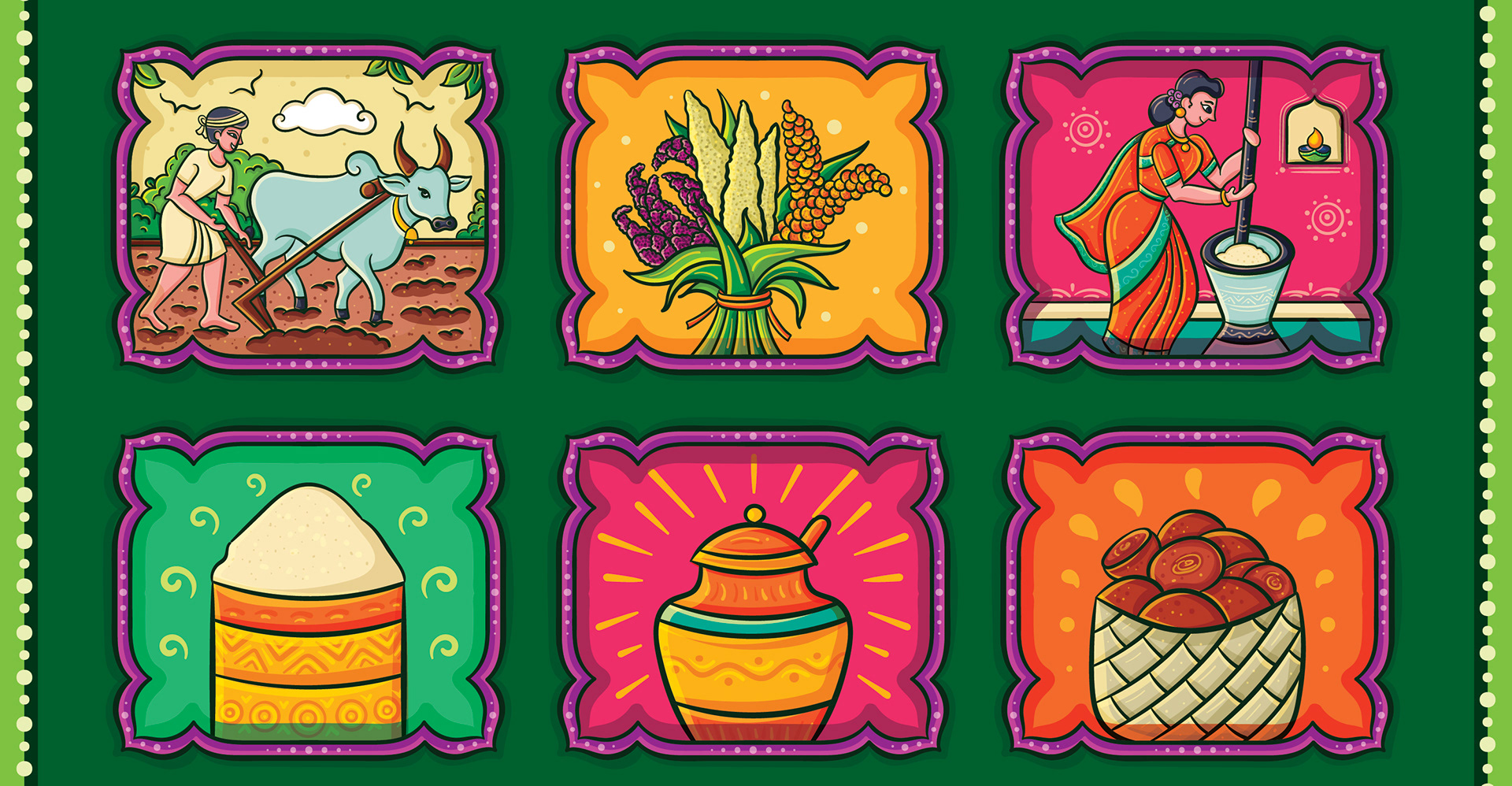 Maa Ilay illustrated sweet box package design: set of six illustrated panels of farming, grains and sweets